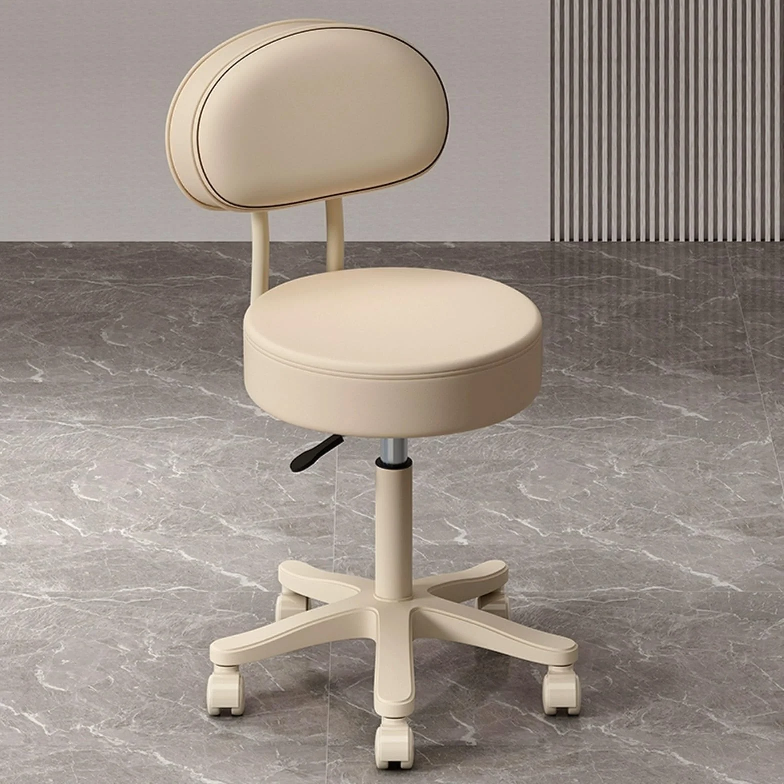Taburete Peluqueria Giratorio 360 con Ruedas Respaldo Regulable Altura 43-52cm Blanco