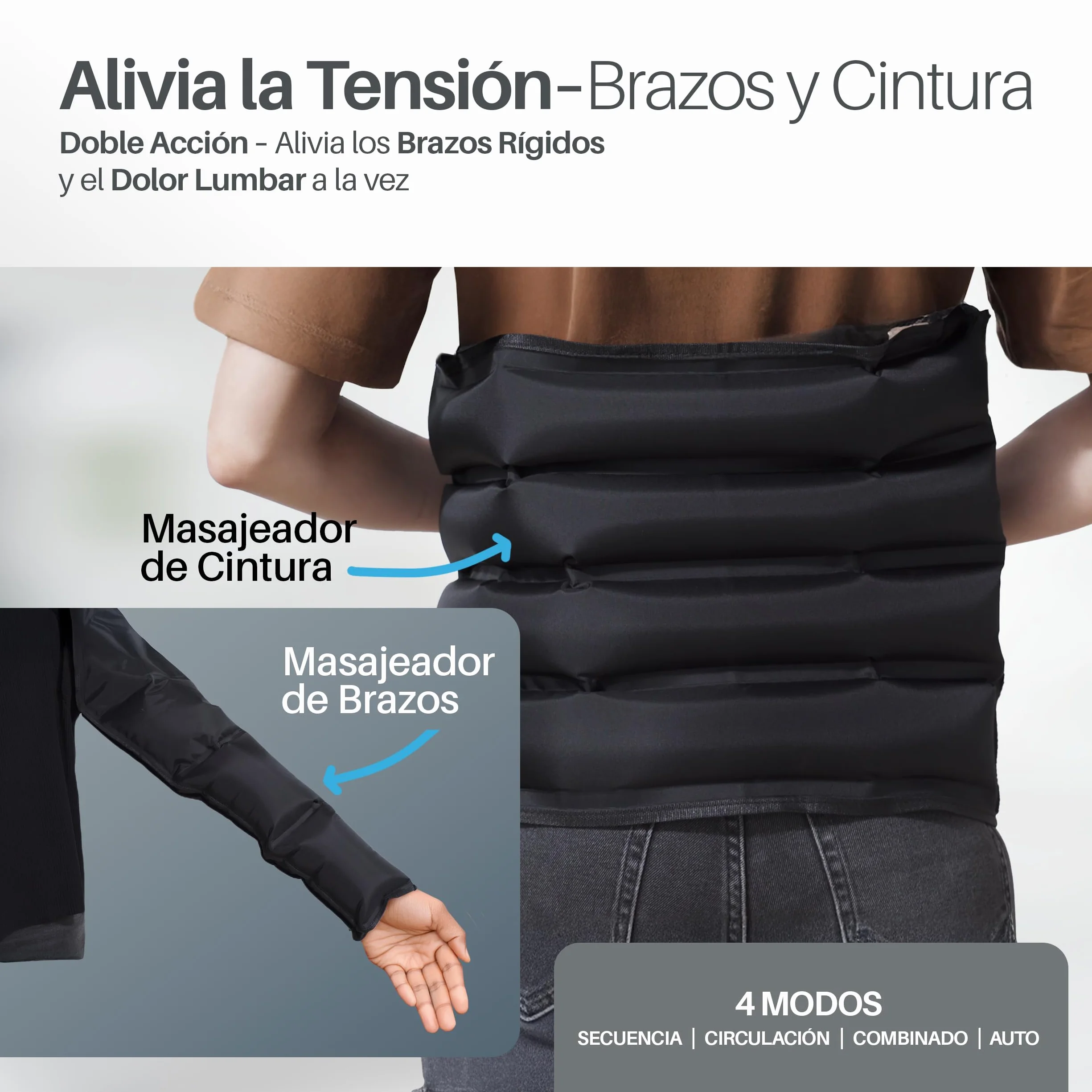 PORTENTUM Presoterapia Masajeador Piernas Abdomen 8 Modos 3 Intensidades Mando LCD USB-C Accesorios Brazo Cintura Bolsa Transporte