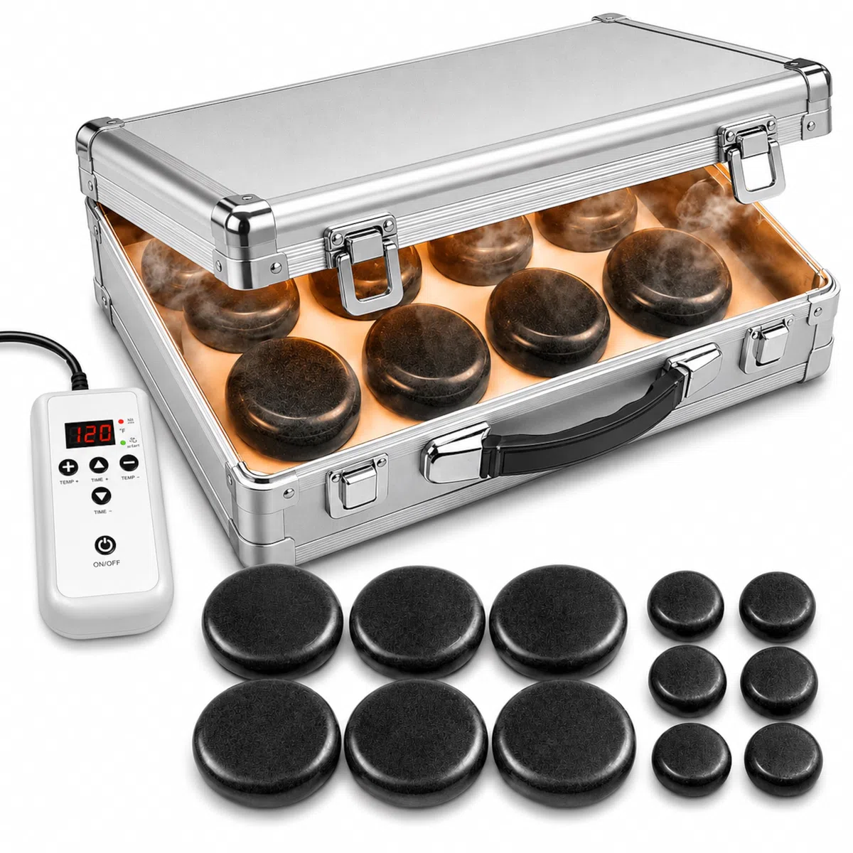 SereneLife Kit Massage Pierres Chaudes Basalte | Set Portable Thérapie Chauffante avec 12 Pierres de Massage, Sac Chauffant et Contrôleur Digital | Relaxation & Soin Musculaire à Domicile