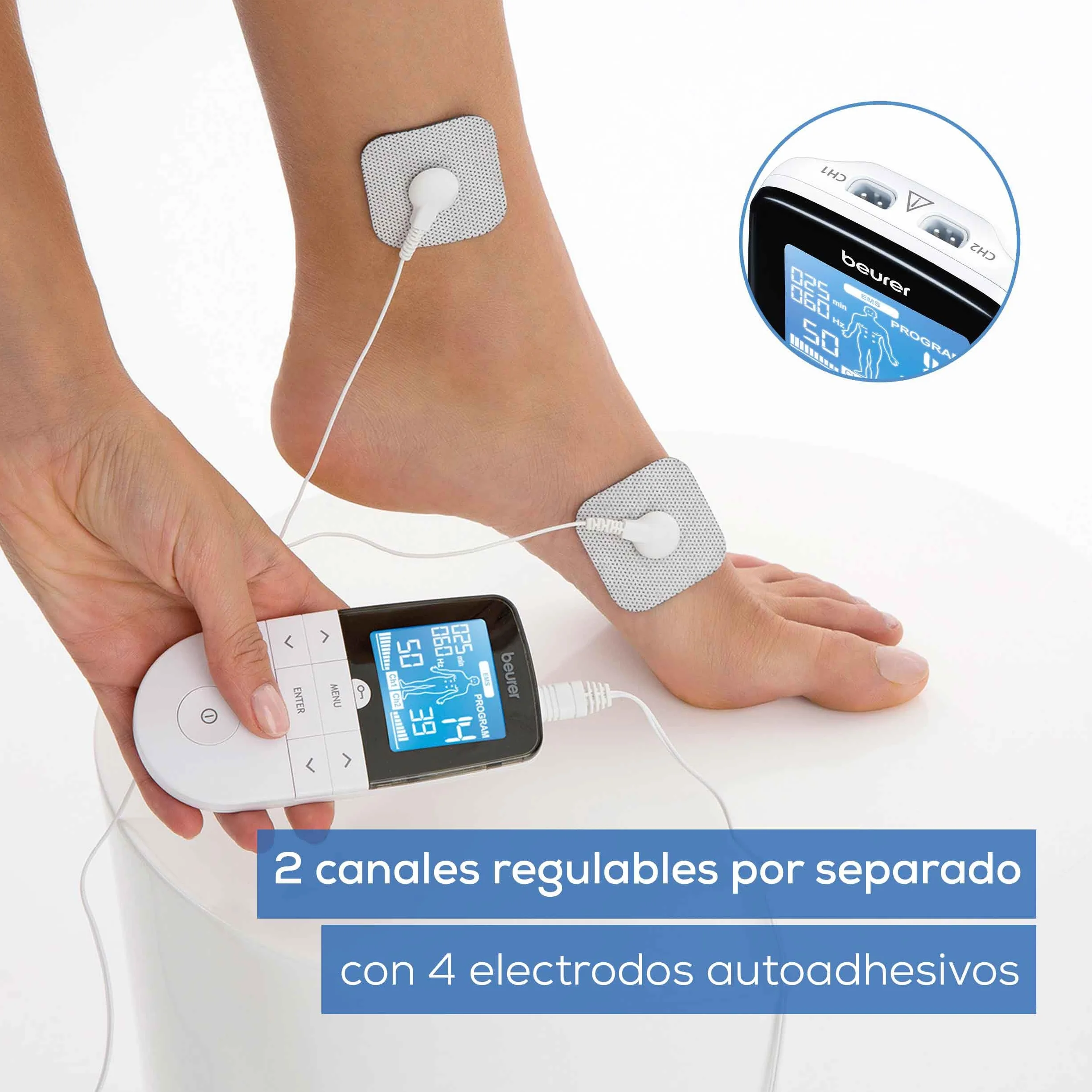 Beurer EM 49 TENS/EMS Digital 3 en 1 Estimulador Muscular para Alivio del Dolor y Entrenamiento, Masaje, 4 Electrodos, Blanco