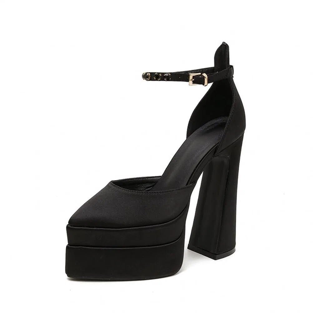 Plataforma de 14.5CM para Mujer Tacones Altos Gruesos Punta Cerrada Correa de Tobillo Hebilla Tacón de Bloque Punta Puntiaguda Fiesta de Bodas