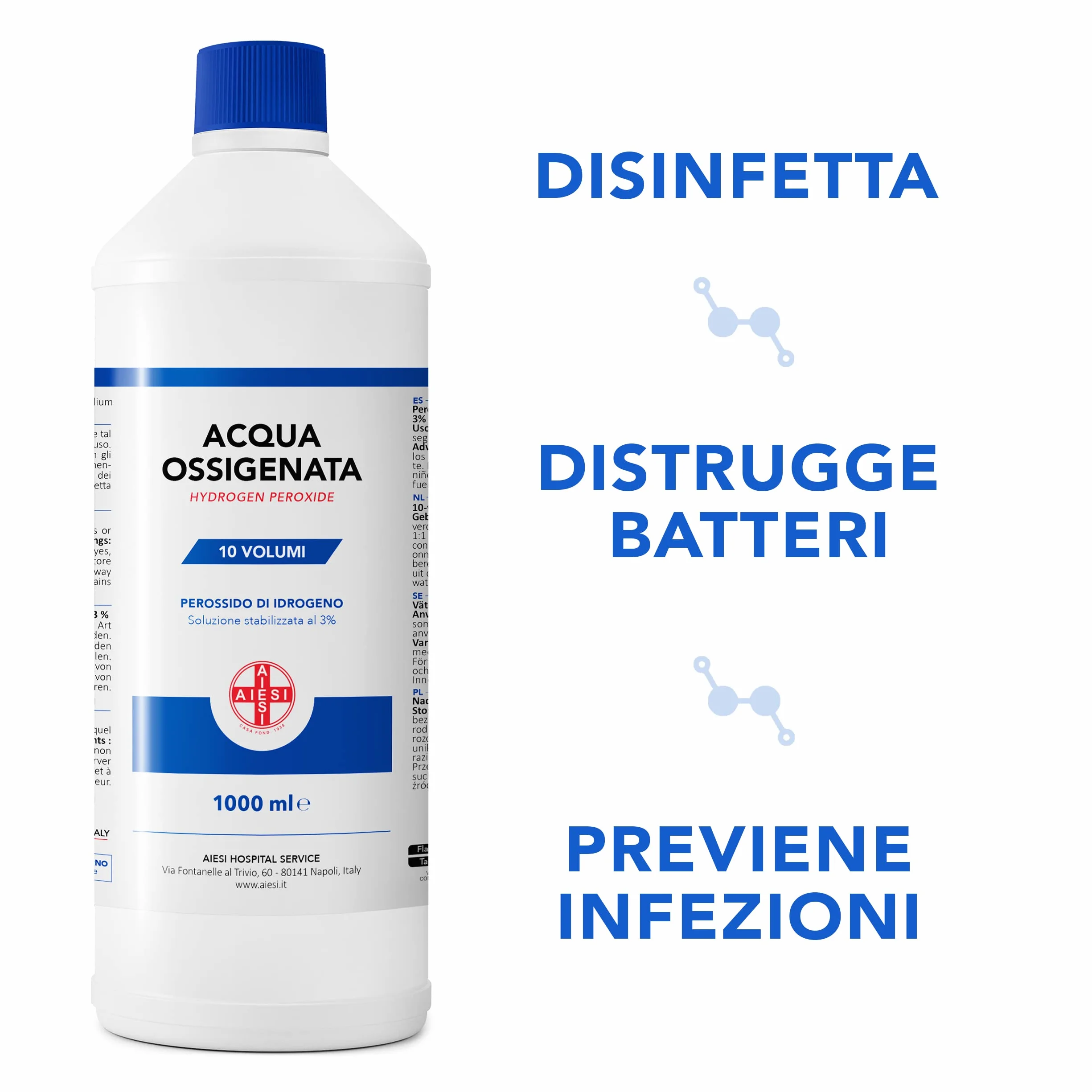 AIESI® Agua Oxigenada Ph.Eur. desinfectante (12x1000 ml) con tapa de seguridad para niños, Made in Italy