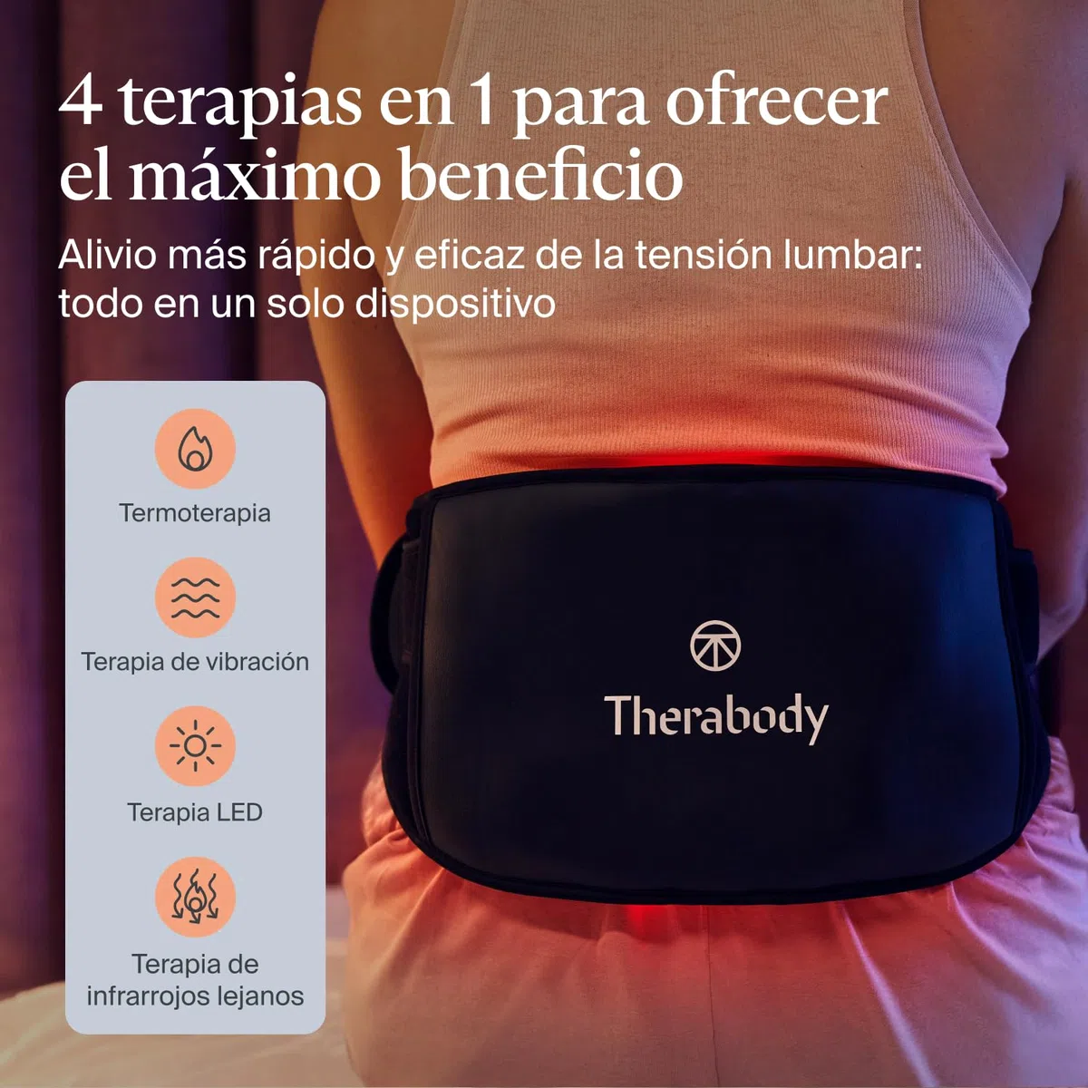 ThermBack LED by Therabody - Envoltura de espalda 4 en 1 con terapias de calor, infrarrojos lejanos, vibración y luz LED para aliviar el dolor de espalda baja de acción rápida