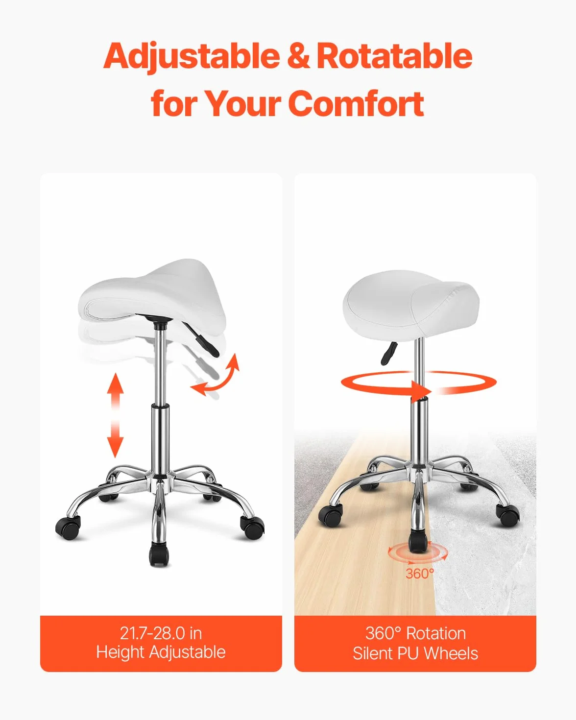VEVOR Taburete Giratorio de Altura Ajustable 55-71 cm, Carga 204 kg, Silla de Montar Ergonómica Cuero PU, Blanco