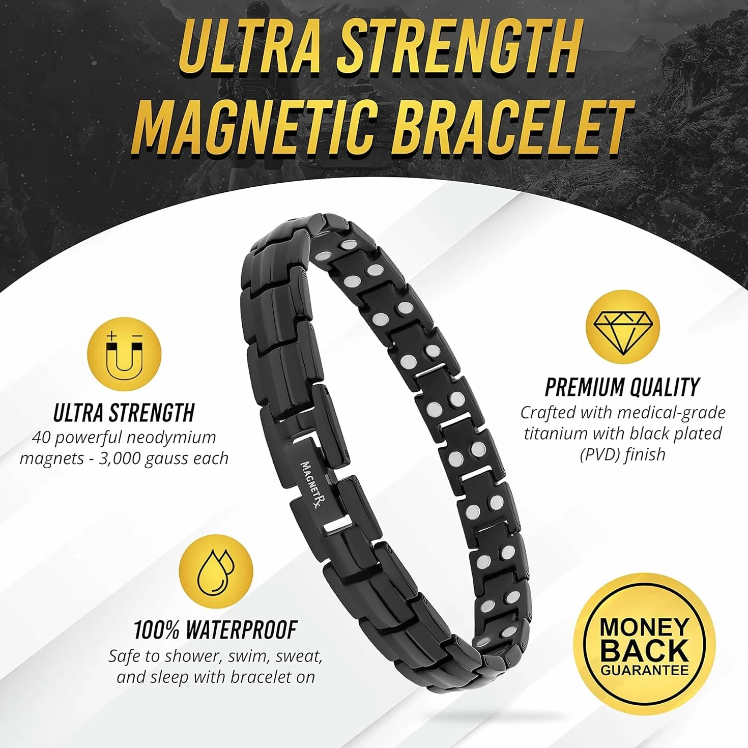 MagnetRX® Pulseras Magnéticas Mujer - Pulsera Magnética Terapéutica de Titanio con 40 Imanes Potentes - Pulsera Ajustable con Herramienta de Tamaño Incluida (Negra)