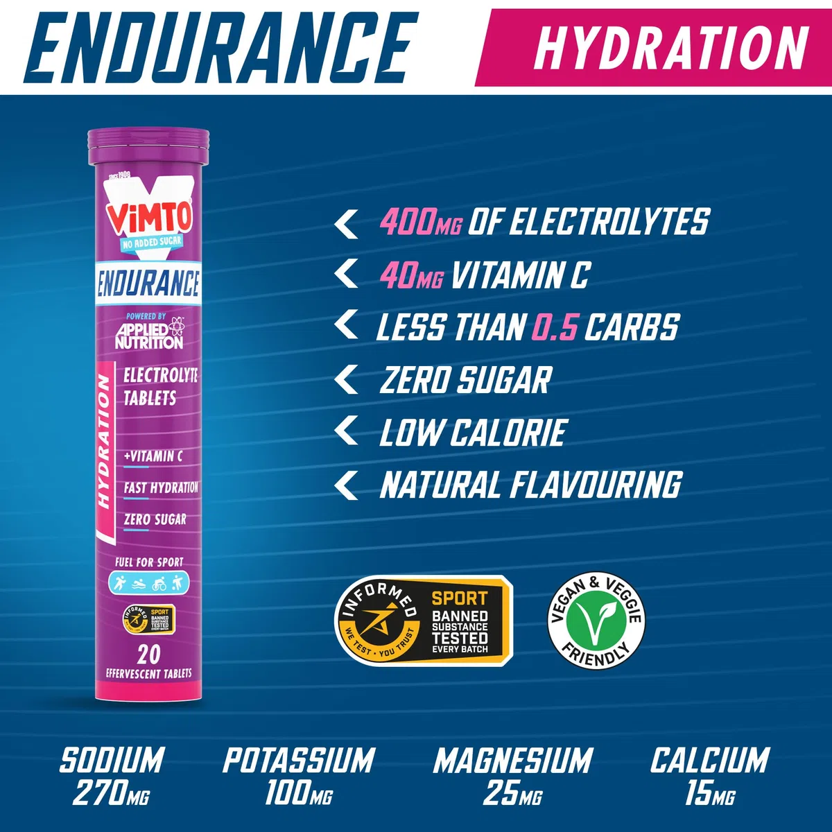 Applied Nutrition Electrolitos de Hidratación Endurance 400 mg por porción 120 tabletas efervescentes sin azúcar vitamina C