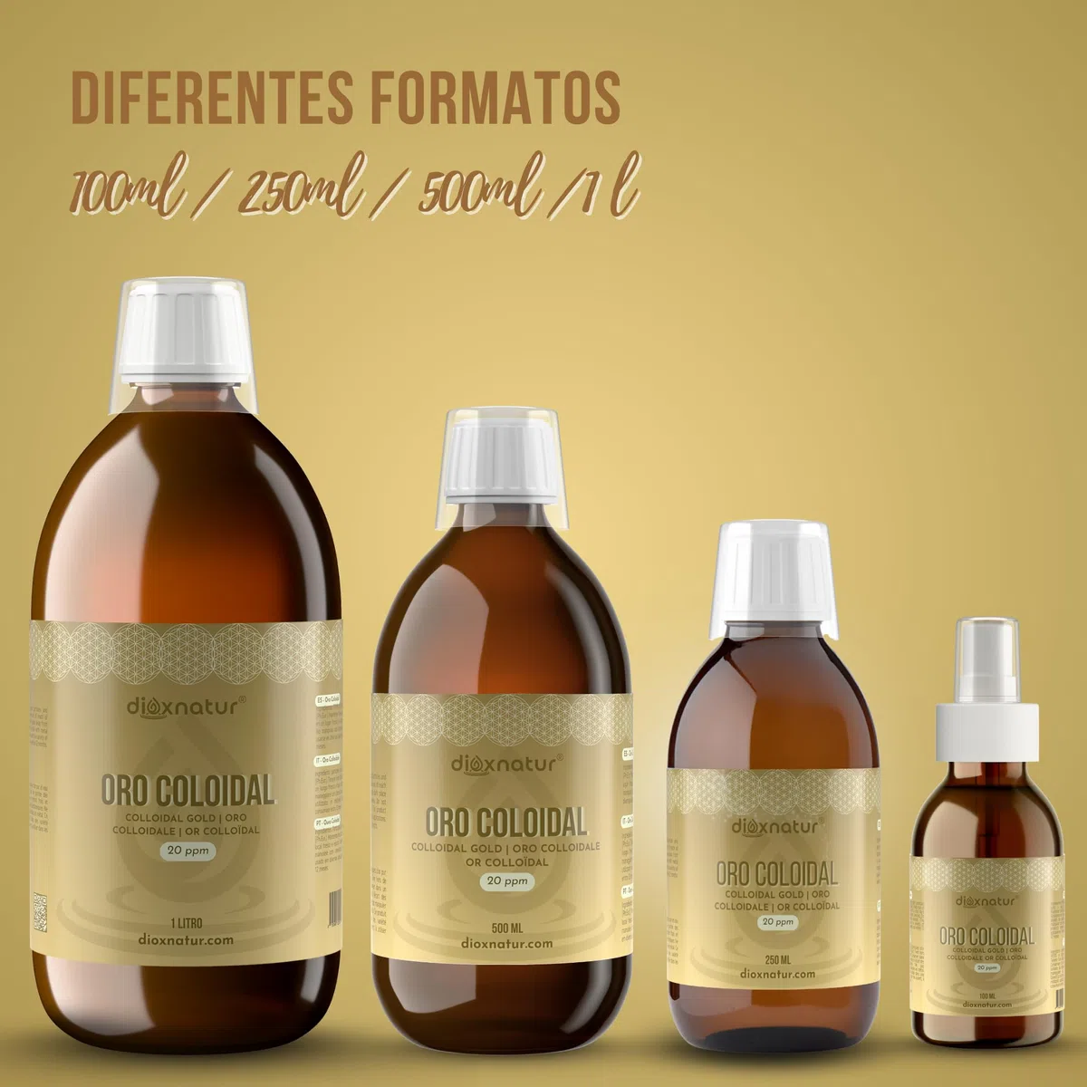 Oro Coloidal 500 ml - 20 ppm - 24K Puro 99,99% - Solución Líquida con Agua Bidestilada - Botella Vidrio Ámbar