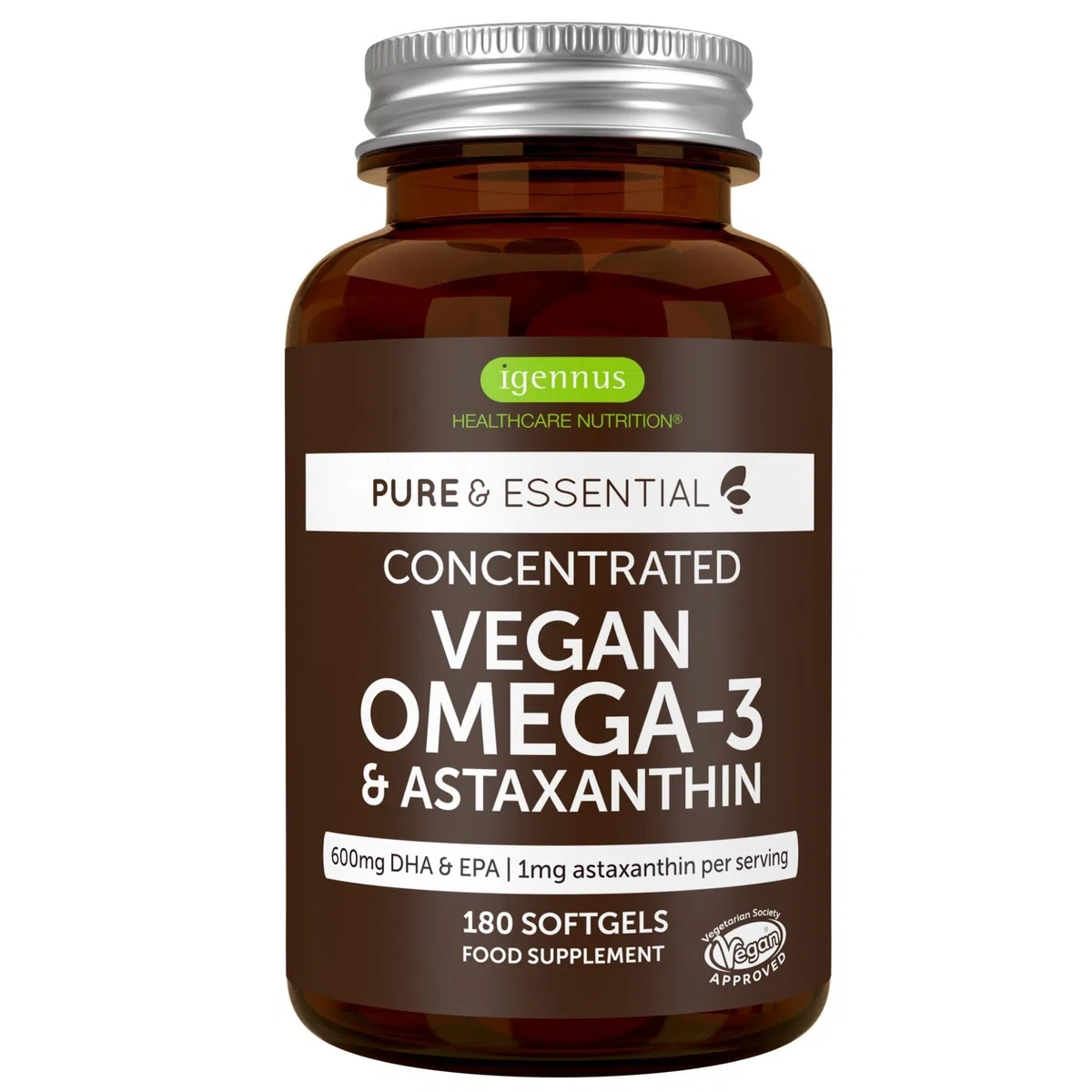 Omega 3 Vegano, Aceite de Algas & Astaxantina, 1344 mg Omega 3 Certificado, 180 Cápsulas Blandas, (DHA 400 mg + EPA 600 mg), Ingredientes Puros, Softgels fáciles de tragar, de Igennus