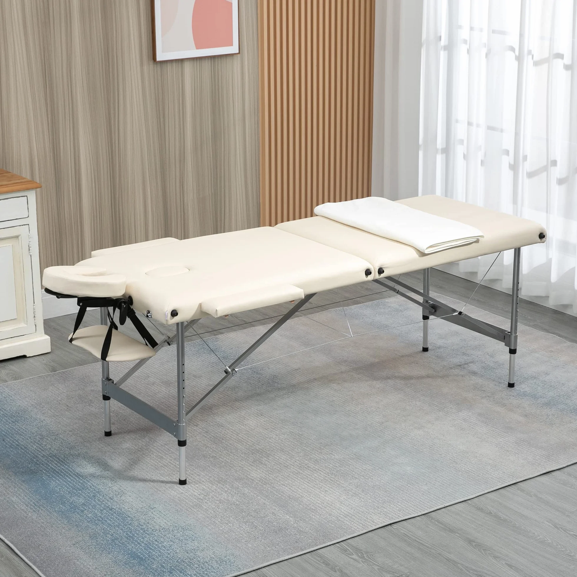 HOMCOM Camilla de Masaje Plegable Portátil con Altura Ajustable 7 Posiciones Marco Aluminio 130 kg 186x71x62-83 cm Beige