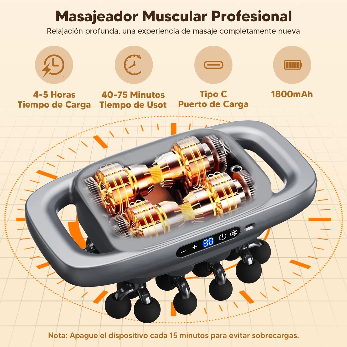 Pistola de Masaje Muscular de 20 Cabezales, 1800 mAh Masajeador Cervical y Espalda con 3 Modos,30 Velocidades, Masajeador Muscular Eléctrico con Luz Roja,Masajeadores de Percusión para Espalda,Cintura