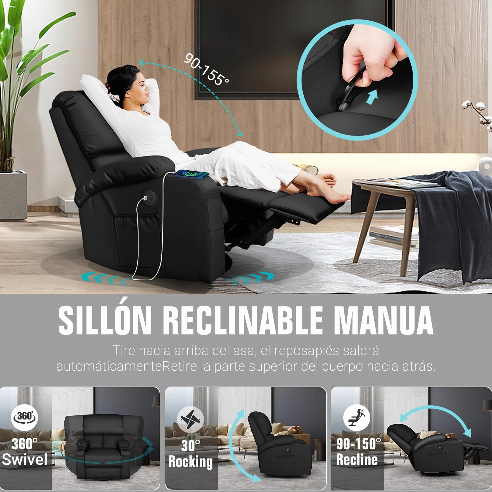 Sillón de Masaje Reclinable Rocking con Vibración y Calor, USB y Tipo C, Piel Sintética, Giratorio 360°, Negro