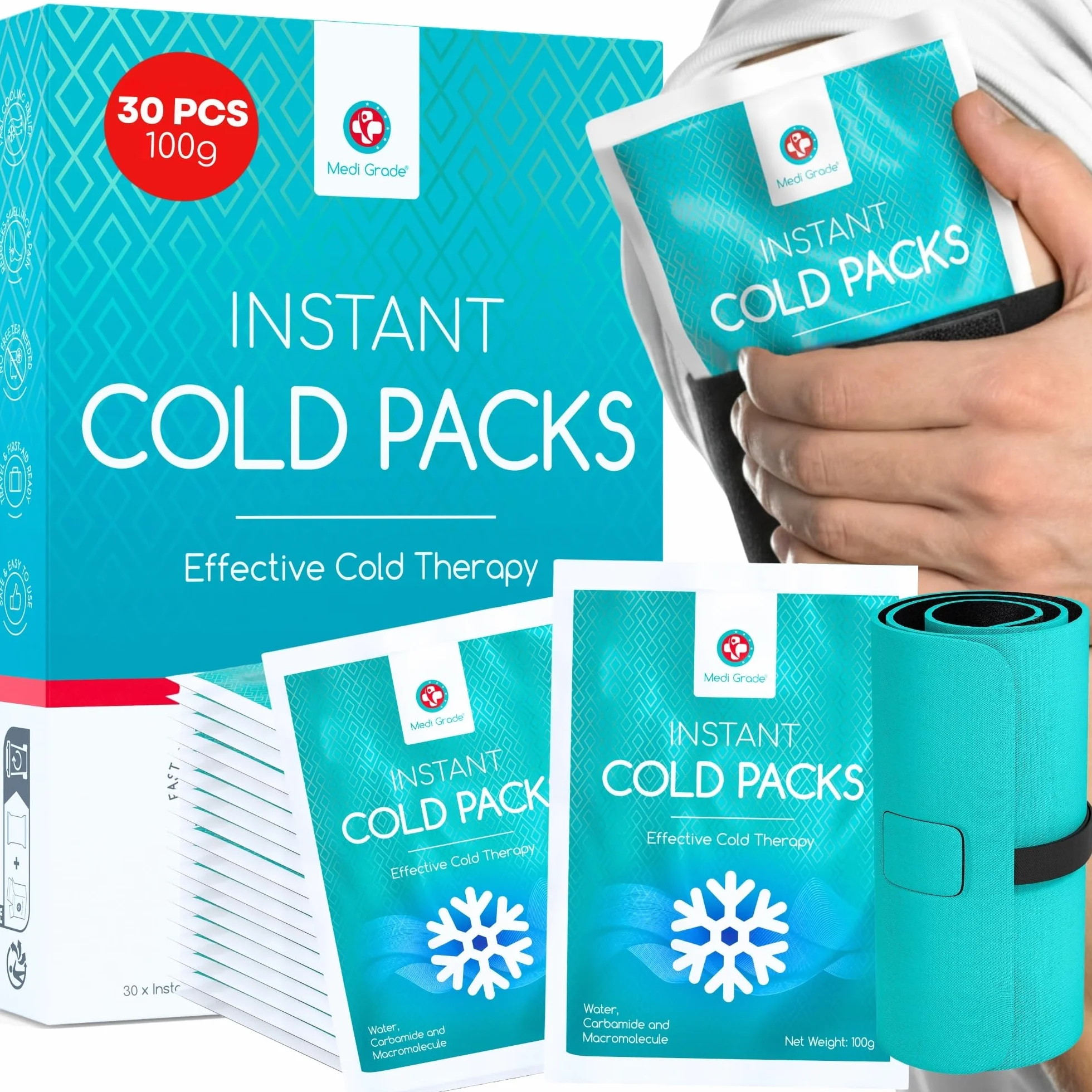 Medi Grade Bolsas de Frío Instantáneo 30 uds 100 g, Alivio Rápido Sin Frigorífico, 11,43x15,24 cm