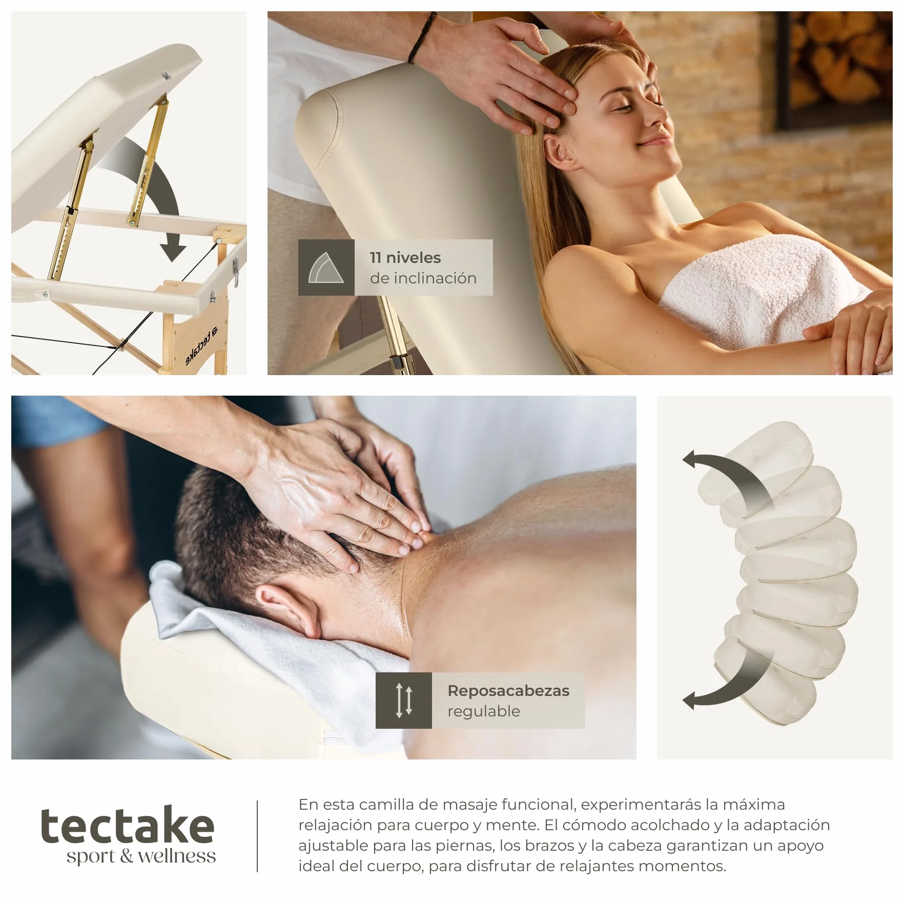 Camilla Masaje Plegable Portátil Ajustable 250kg Acolchado 7,5cm Beige