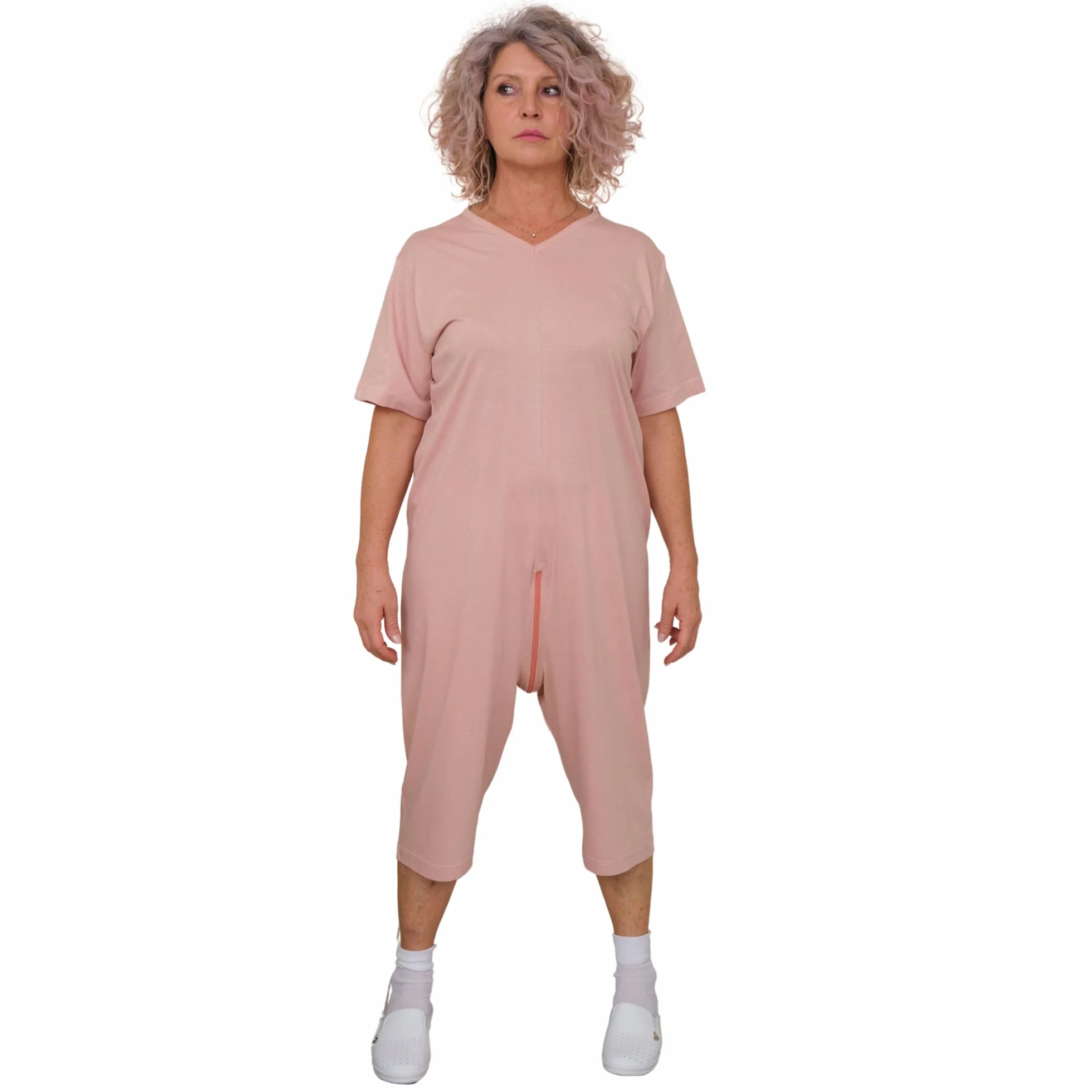 FERRUCCI COMFORT Pijama de tutón sanitario para mujer para personas mayores - 9078 MC PC - Manga Corta y Pantalón Corto para Alzheimer e Incontinencia