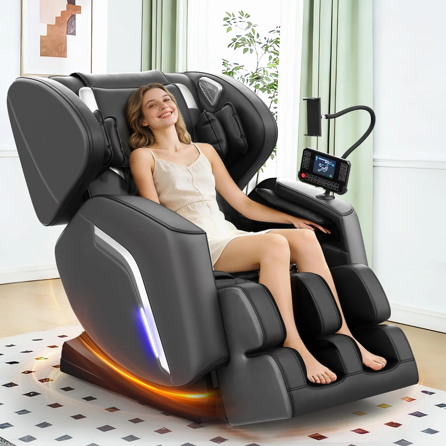 Sillón de Masaje con Calor, 14 Rodillos, 9 Bolsas de Aire, Masaje de Pies, Bluetooth, Control por Teléfono, Panel Táctil, Reclinable Gravedad Cero