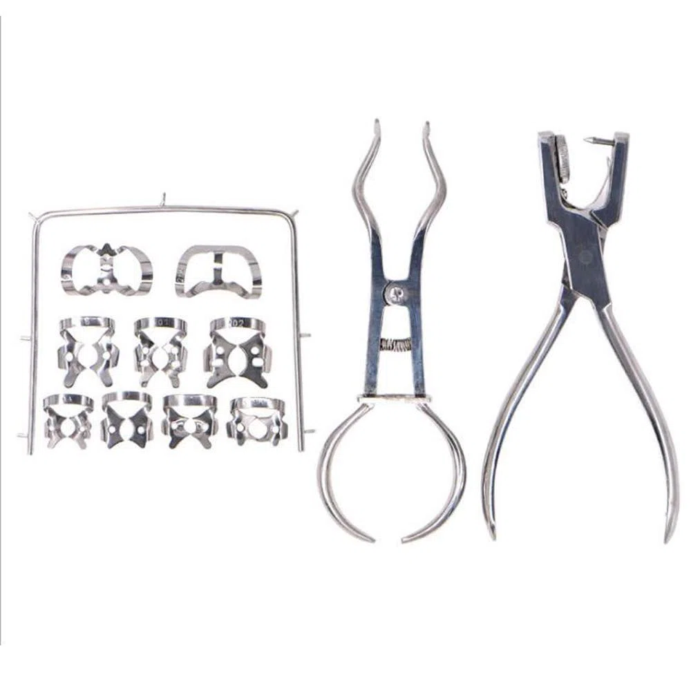 12 piezas Kit de dique de goma Perforador de goma Alicates de punzón Abrazaderas de presa Cuidado de los dientes Dental para dentista Ortodoncia.