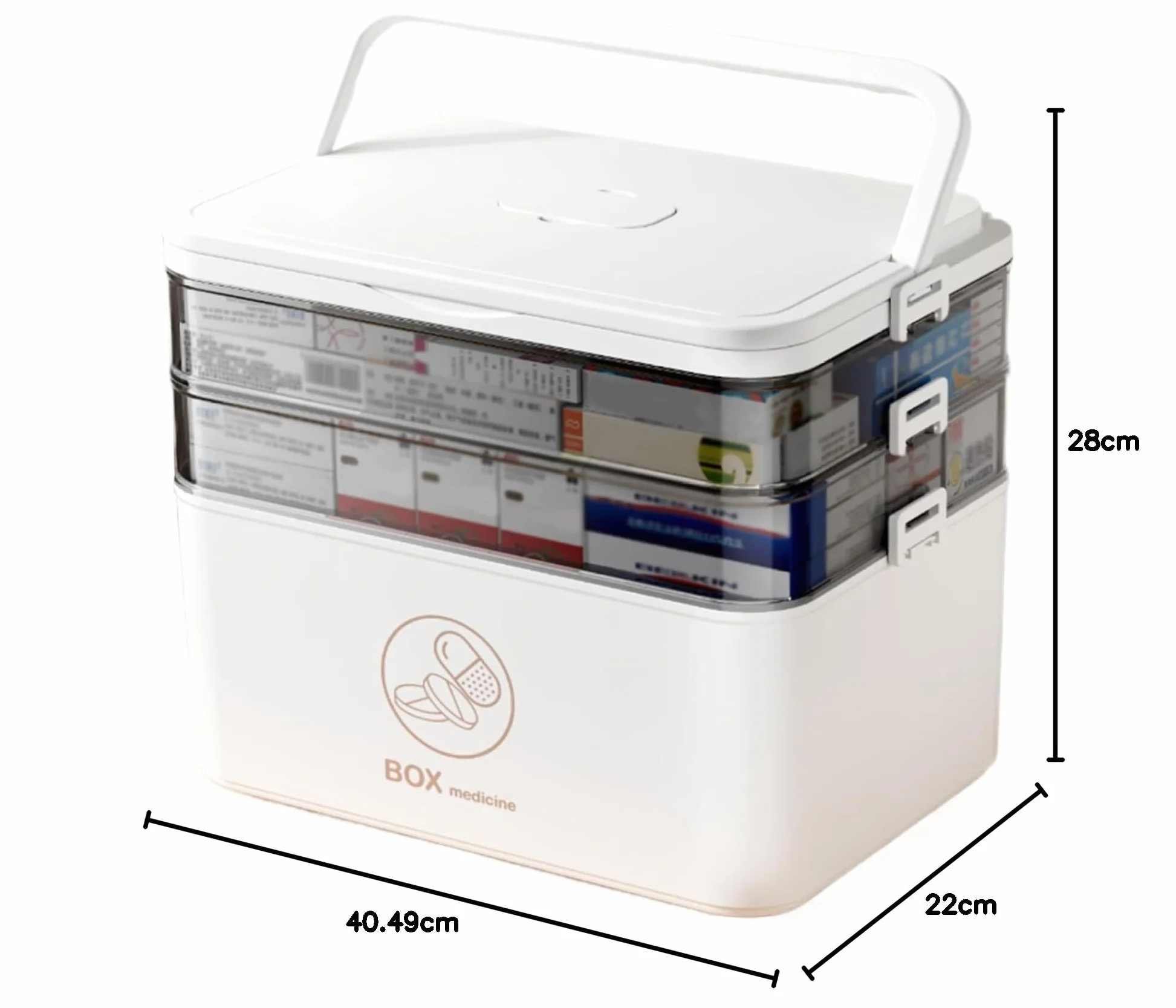 Caja para Medicamentos 3 Niveles Botiquín Casa Portátil con Asa Ergónomica Tapa Transparente Blanco 40,5x28x22 cm