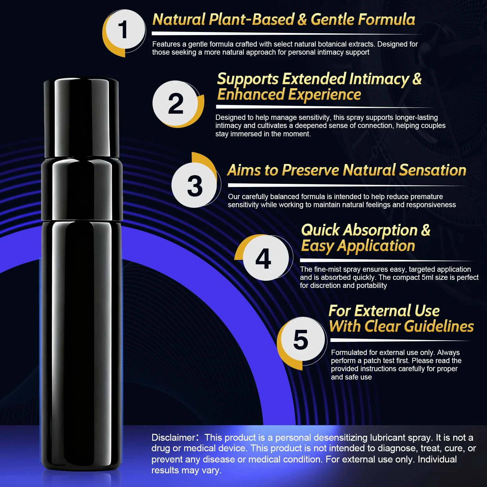 Spray Retardante para Hombre - Alarga la Duración, Sensación Natural - Con Extractos Botánicos, Sin Adormecer - Para Uso Externo - 5 ml