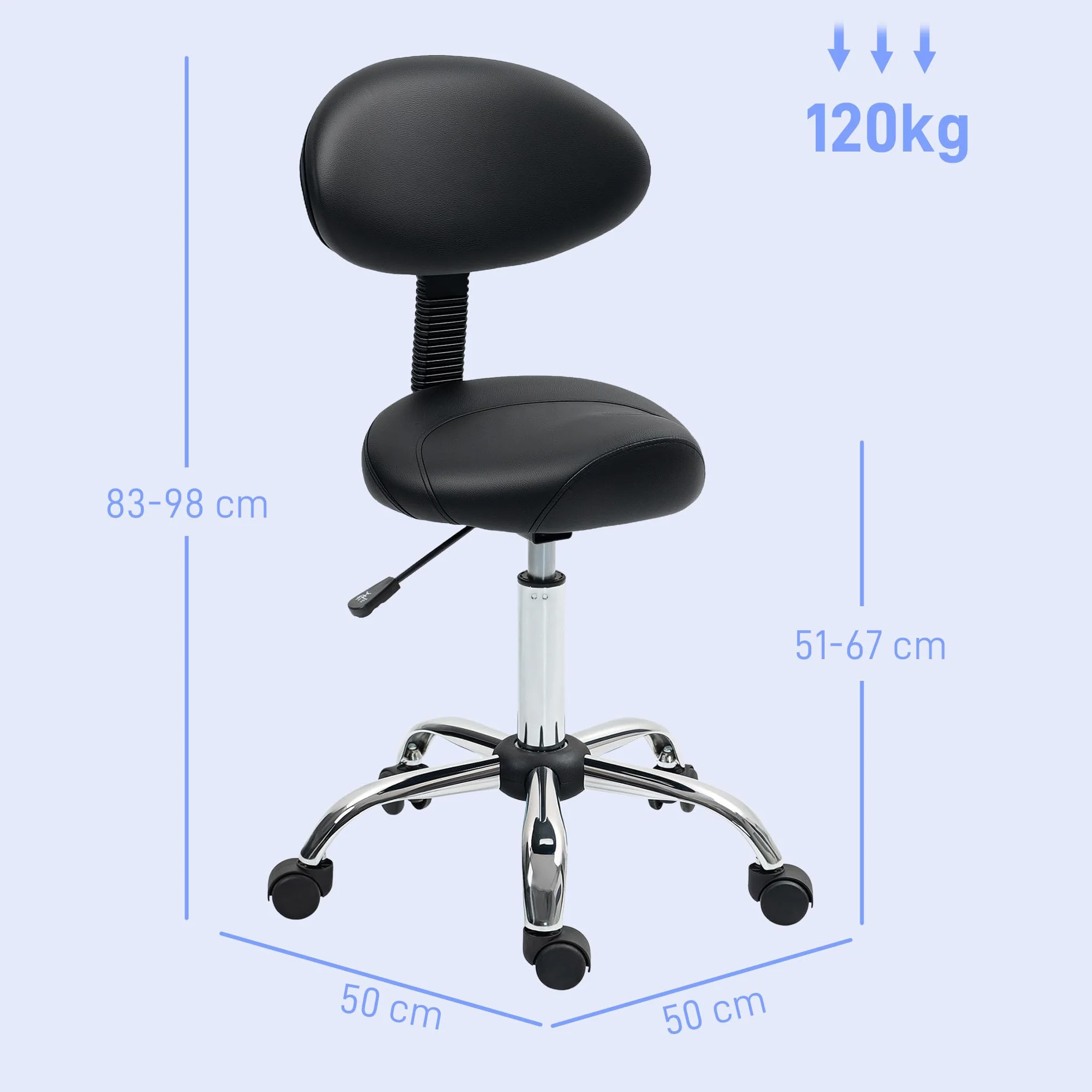 HOMCOM Taburete Giratorio con Ruedas, Respaldo Extraíble, Altura Regulable 83-98 cm, Cuero Sintético, Negro