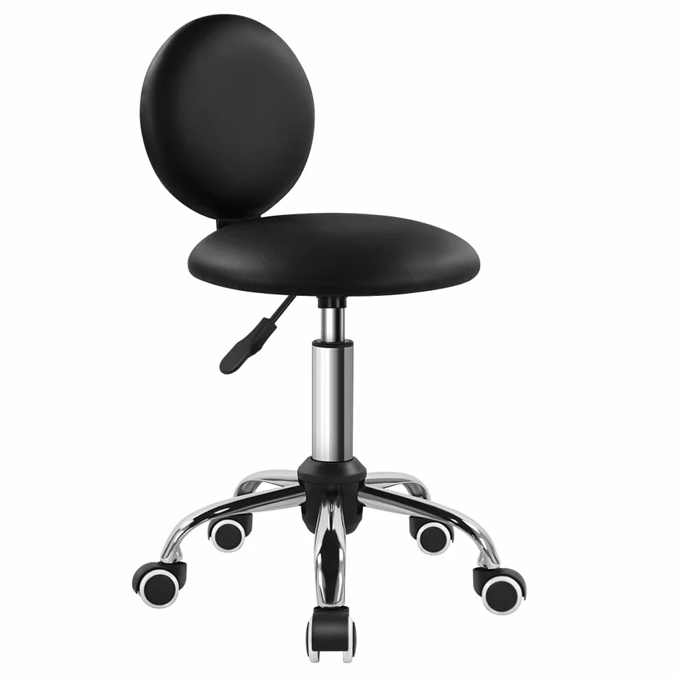 FURWOO Taburete Rodante Redondo con Respaldo de Cuero PU Silla de Belleza Giratorio Negro