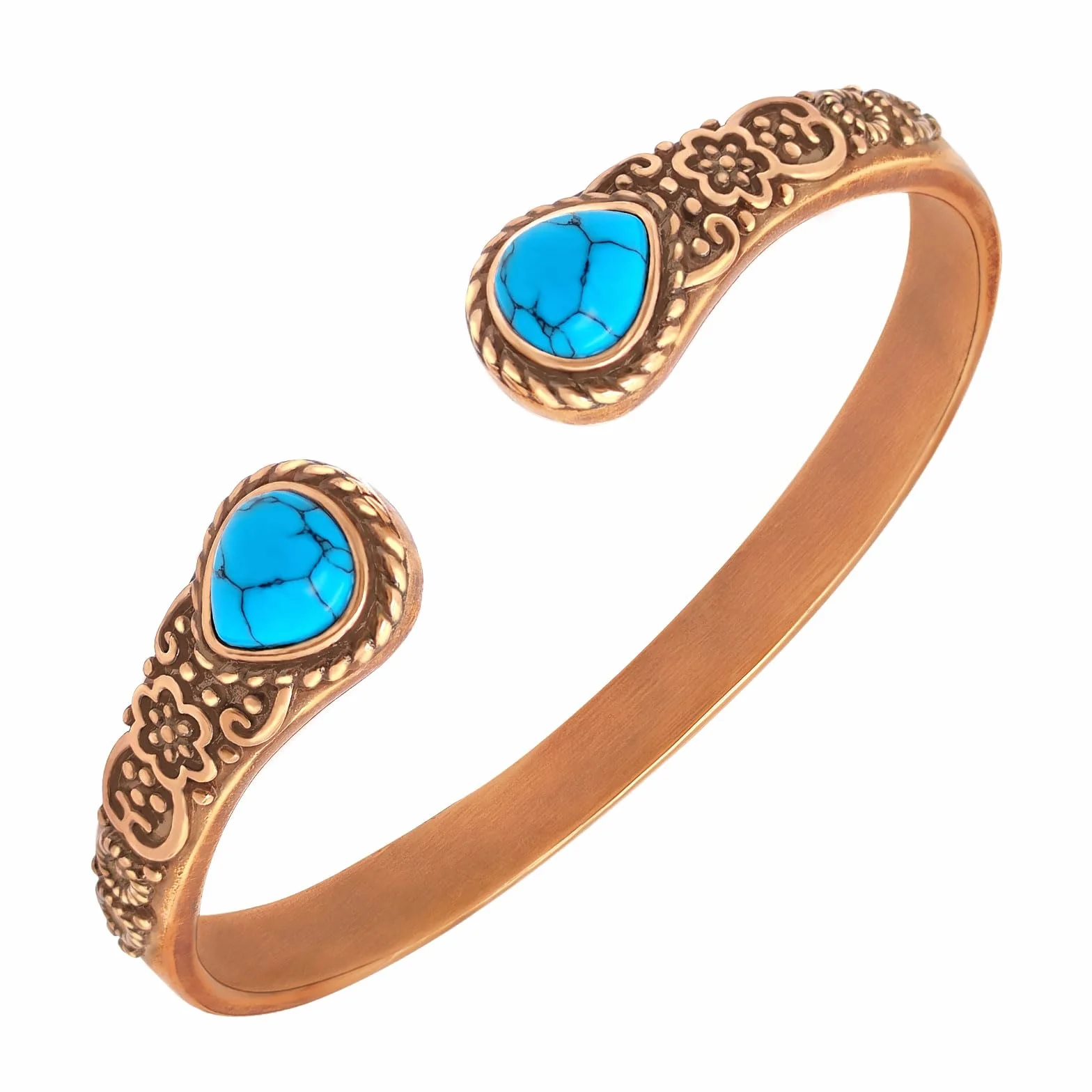 JEROOT Pulsera de cobre puro para mujer, pulsera magnética con 6 potentes imanes, flor vintage de cobre con 2 perlas de cornalina