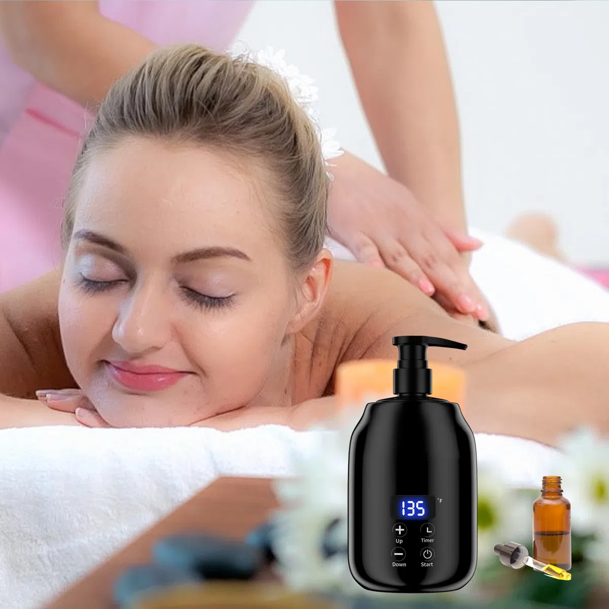 Calentador de Aceite de Masaje con Pantalla LED, Control Táctil, Temperatura Ajustable, Portátil, Calentador de Botellas de Aceite Esencial para una Experiencia de Masaje