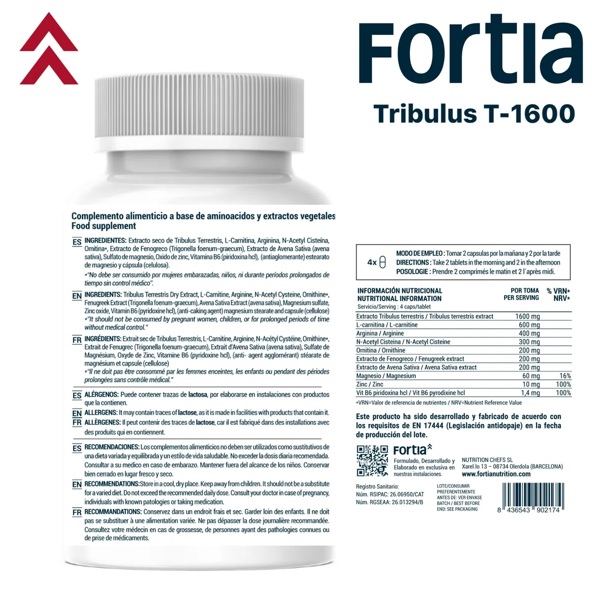 Fortia Tribulus T-1600 | Testosterona Natural y Rendimiento Masculino | Tribulus Terrestris + Arginina + NAC | Energía, Fuerza y Recuperación | 120 Cápsulas