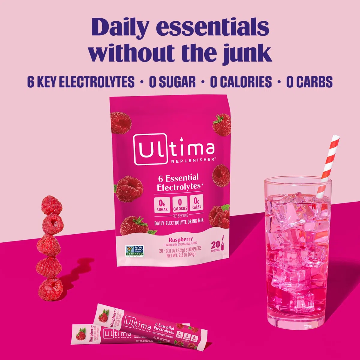 Ultima Replenisher Mezcla diaria de bebidas electrolíticas – Frambuesa, 20 paquetes de palitos – Paquetes de hidratación con 6 electrolitos clave y oligoelementos – Polvo de electrolitos apto para