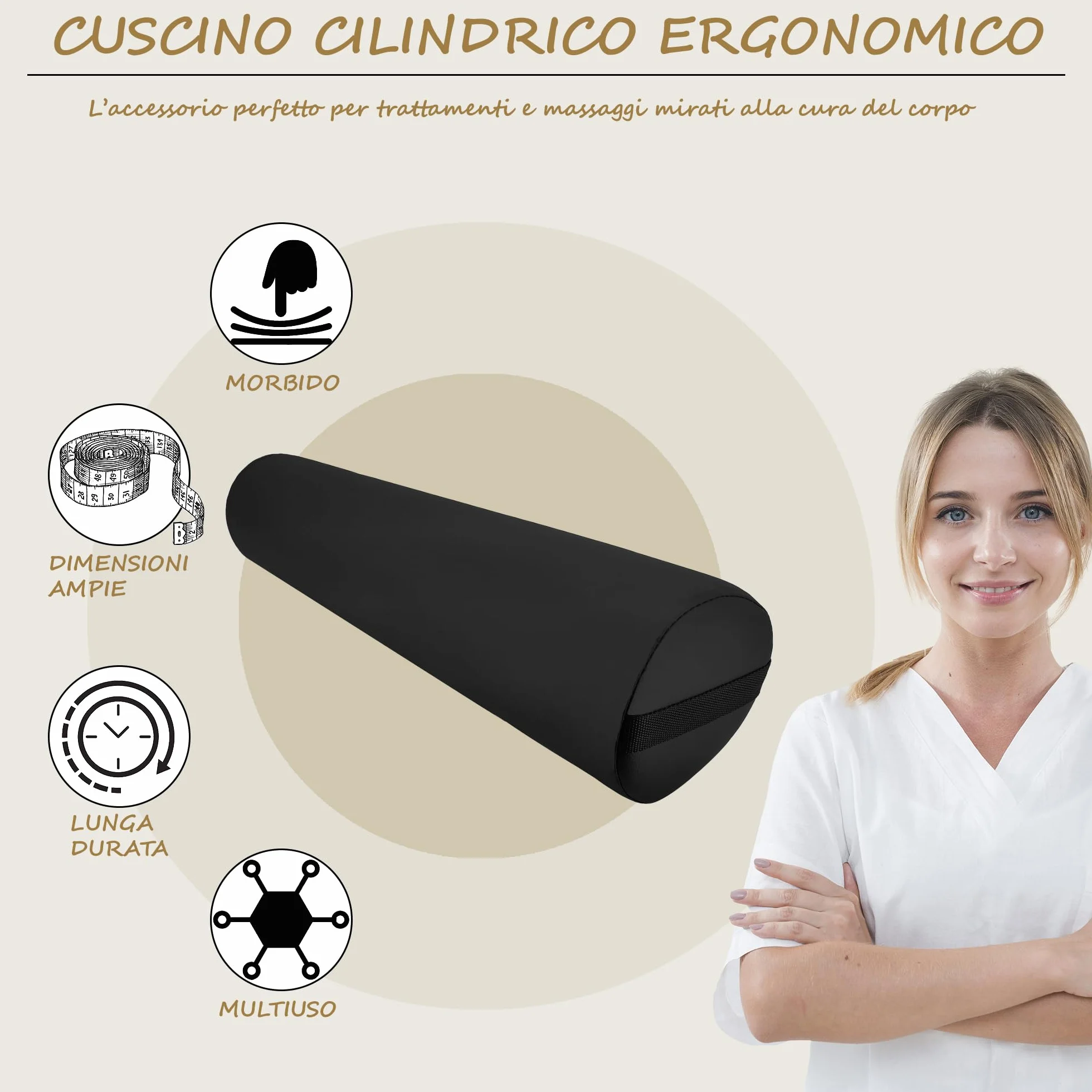 BELTOM Cojín cilíndrico Almohada Redonda para Camilla Masaje - Negro