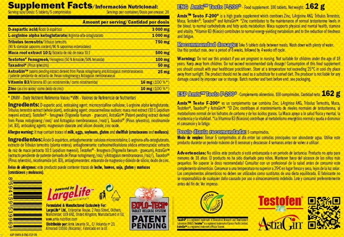 Testo F-200-100 Tabletas - Suplemento Alimenticio para Aumentar Testosterona