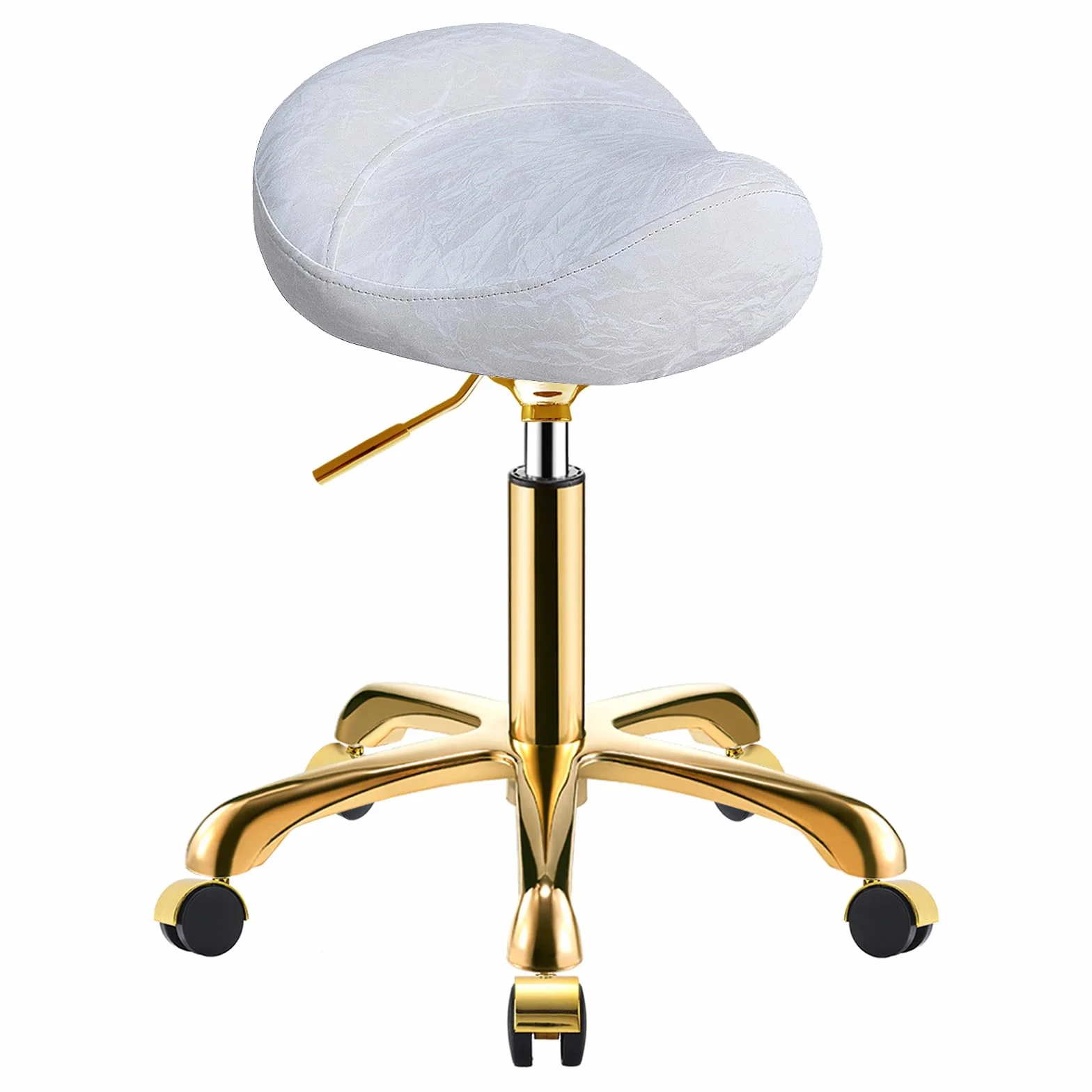 Dorado Taburete de Montar con Ruedas, Silla Tocador Banqueta Regulable, PU Cuero Patrón Glacial Giratoria para Salón y SPA, Oro y Blanco
