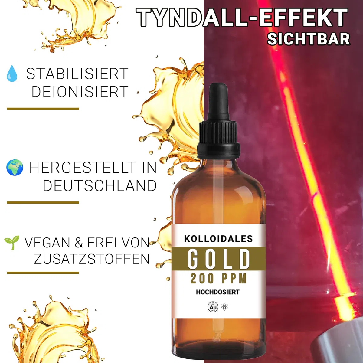 Oro coloidal de 200 ppm (100 ml) – Dispersión premium en vidrio marrón farmacéutico con pipeta de precisión – Tecnología de partículas finas, materiales certificados – Manna Colloidal Gold