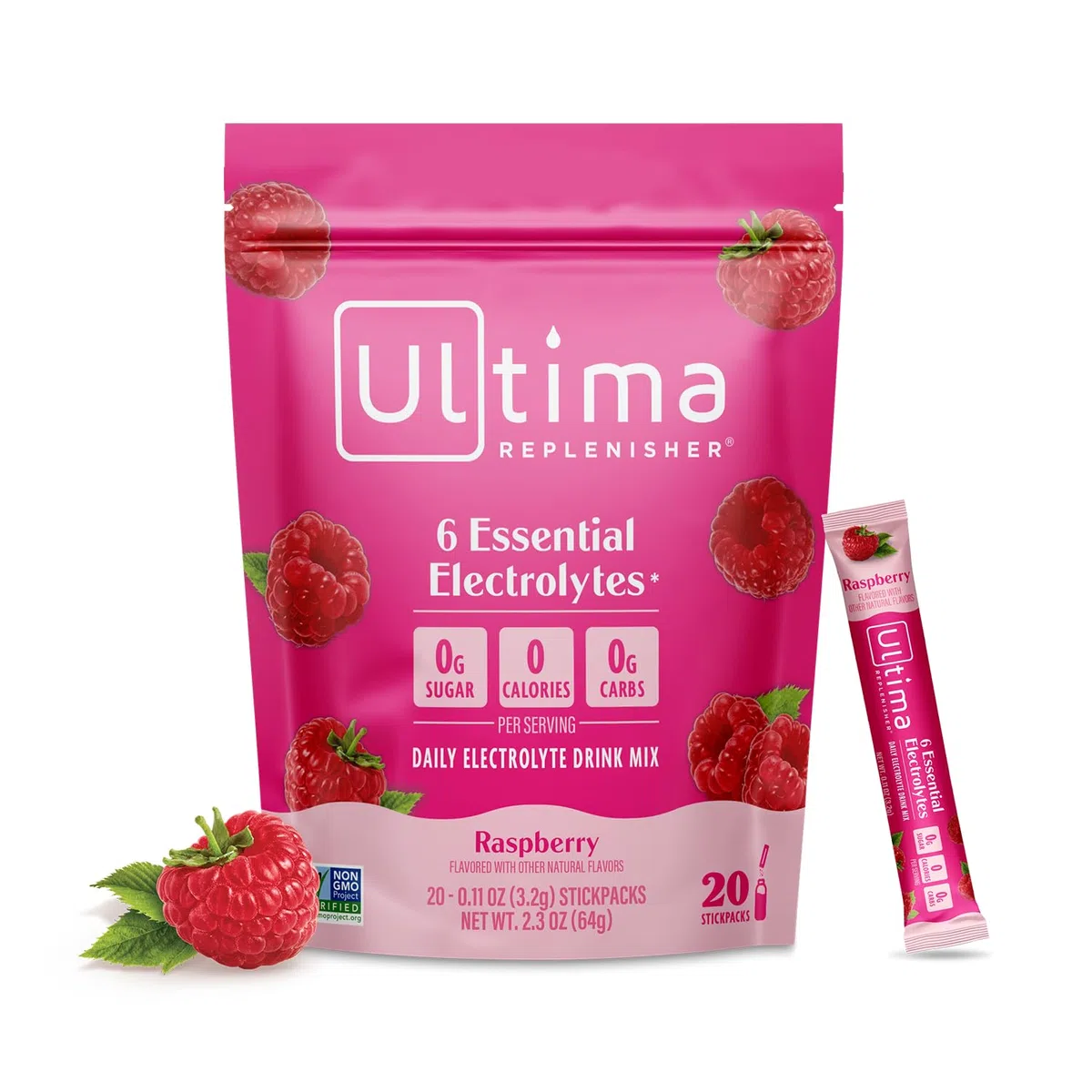 Ultima Replenisher Mezcla diaria de bebidas electrolíticas – Frambuesa, 20 paquetes de palitos – Paquetes de hidratación con 6 electrolitos clave y oligoelementos – Polvo de electrolitos apto para