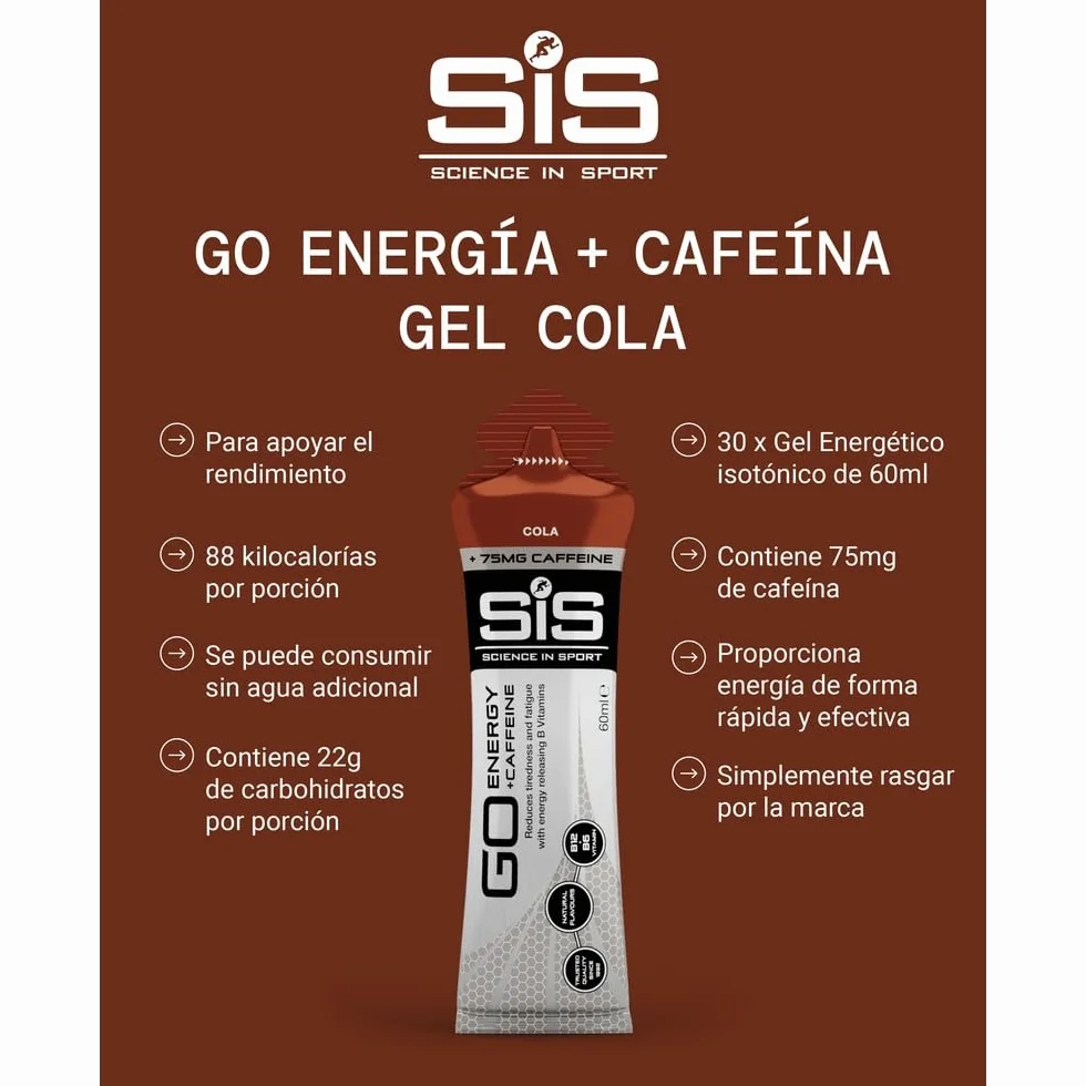 Science in Sport GO Energy + Caffeine 30x60ml Cola Gel 150mg cafeína 22g carbohidratos Energía deportes resistencia