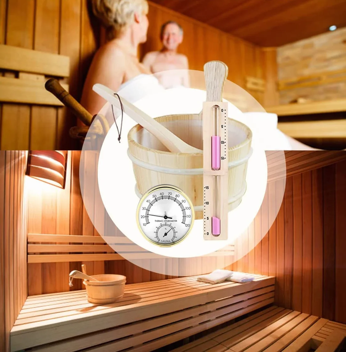 Cubo Sauna, 4 L Juego Completo Sauna Cubo Sauna con Cucharón Madera Pino Finlandés Accesorios Sauna Cubo Sauna Cubo Infusión (Cubo Sauna + Cucharón + Termómetro Higrómetro + Reloj Arena)