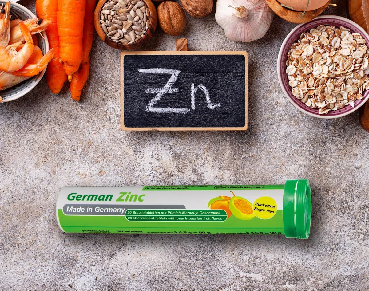 Comprimidos efervescentes de zinc 12x20 = 240 uds. Sabor melocotón y maracuyá – 5 mg de zinc sin azúcar – T&D Pharma German Zinc – Made in Germany