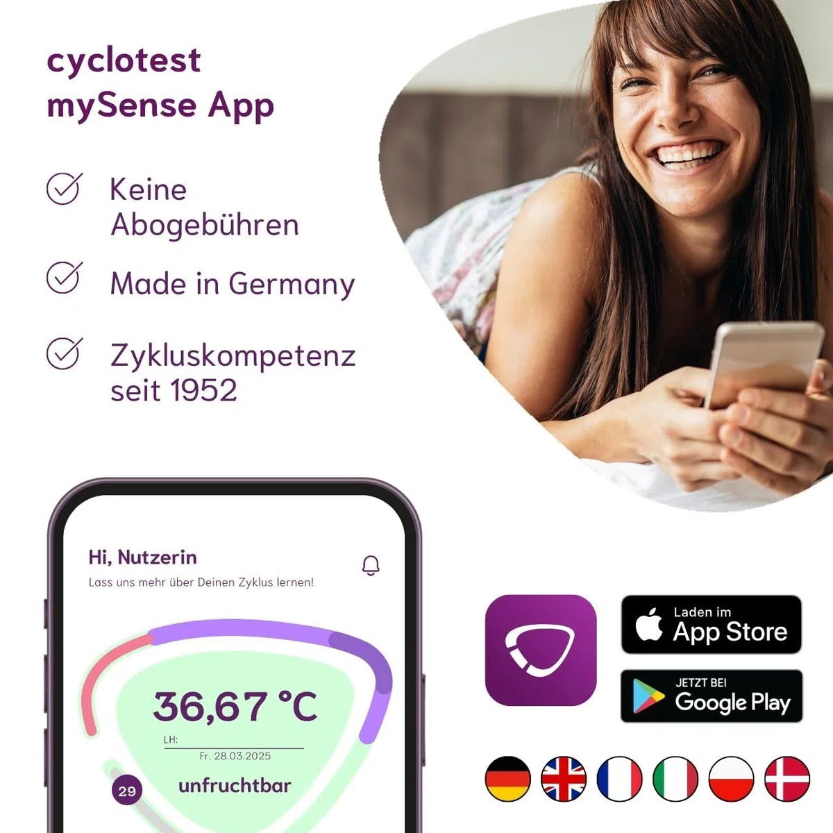 cyclotest mySense - Termómetro basal Bluetooth para control del ciclo, termómetro PFN con aplicación para prevención natural