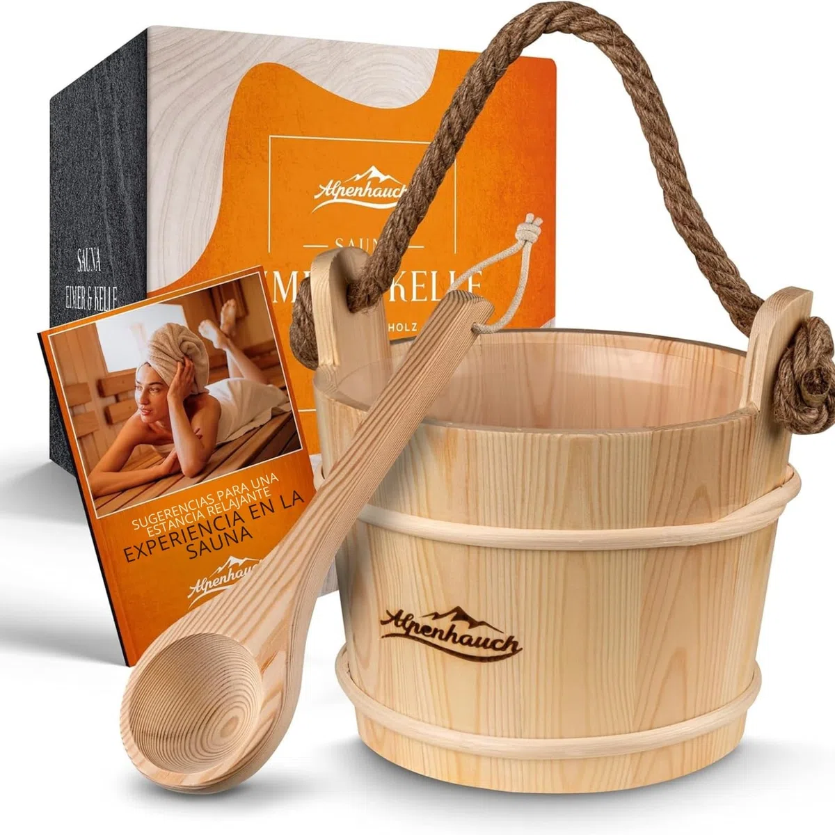 ALPENHAUCH Cubo de sauna con paleta [100% madera natural] - Elegante cubo de sauna con paleta - Accesorios de sauna duraderos - Juego de cubos de infusión