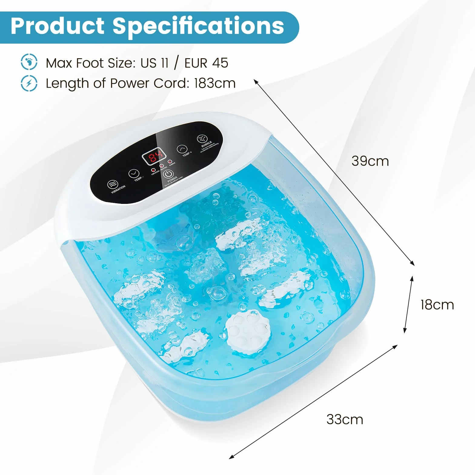 HOMASIS Pediluvio eléctrico con masaje de agua, burbujas de aire caliente, control de vibración y temperatura, temporizador 1 hora (Azul)