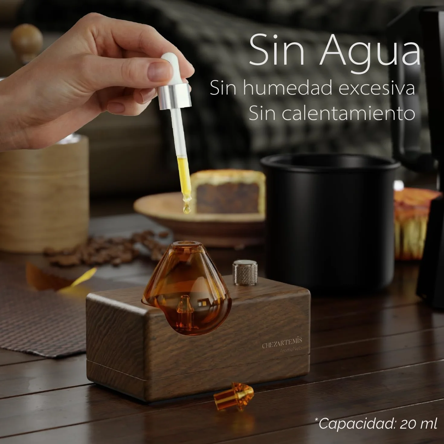 Amber Aromaterapia Difusor Aceites Esenciales Sin Agua Nebulizador Vidrio Ámbar Madera Nogal Recargable Inalámbrico Hogar Temporizador LED