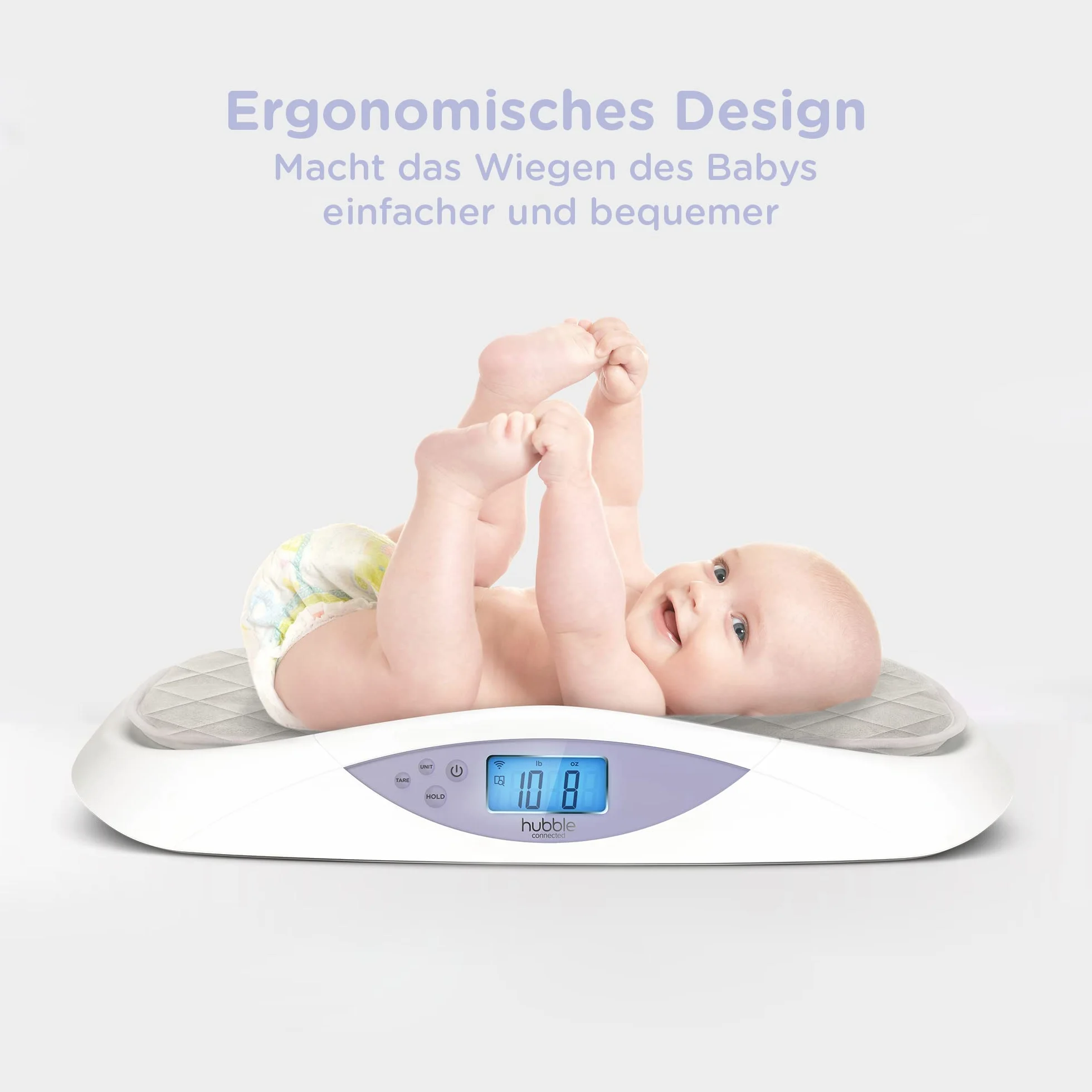 Hubble Connected Grow Báscula inteligente para bebés con Bluetooth, pantalla LCD, seguimiento de peso, cambiador suave, tara y retención, 4 sensores