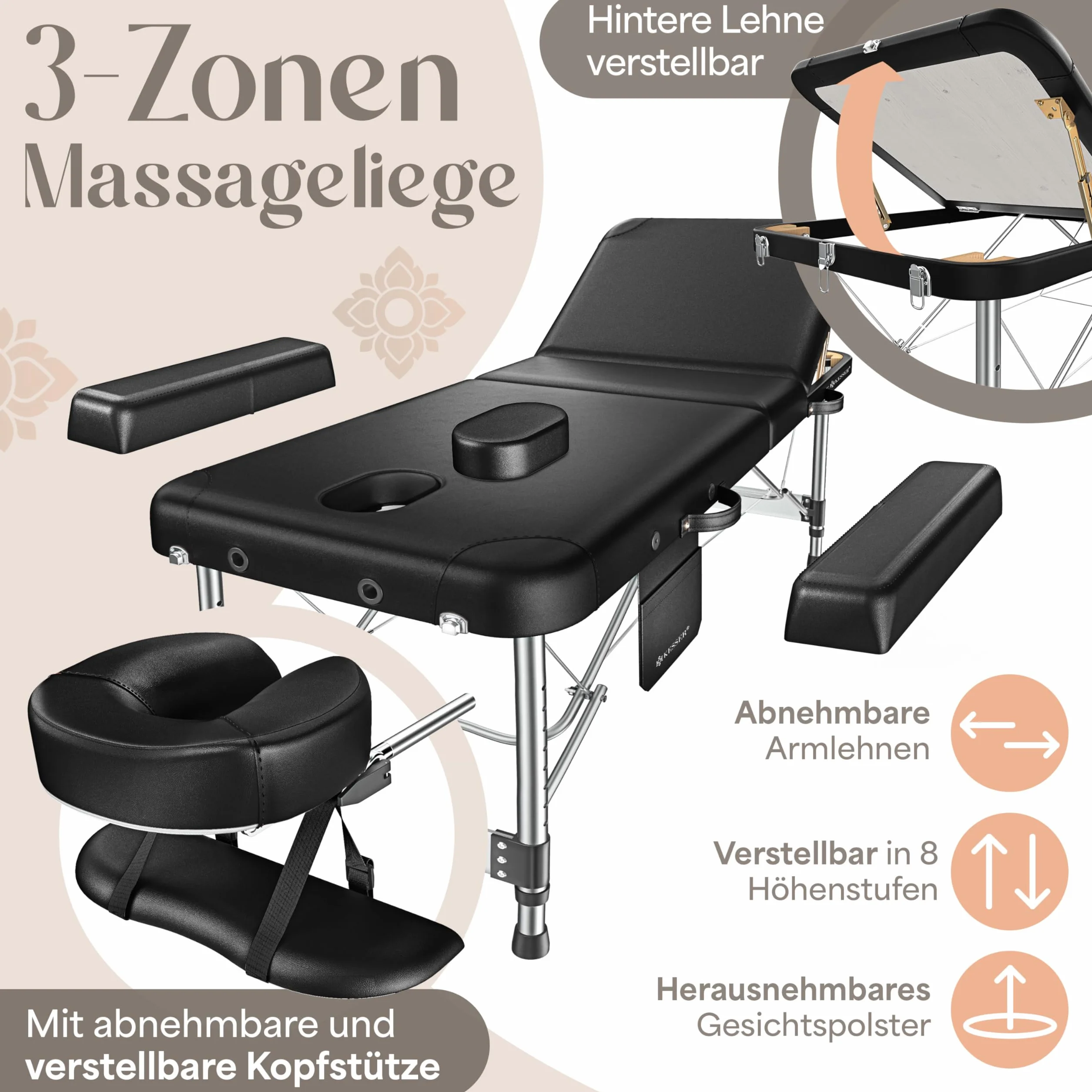 KESSER Camilla de Masaje Móvil Plegable Ajustable en Altura 3 Zonas Estética Terapia + 10 Reposacabezas