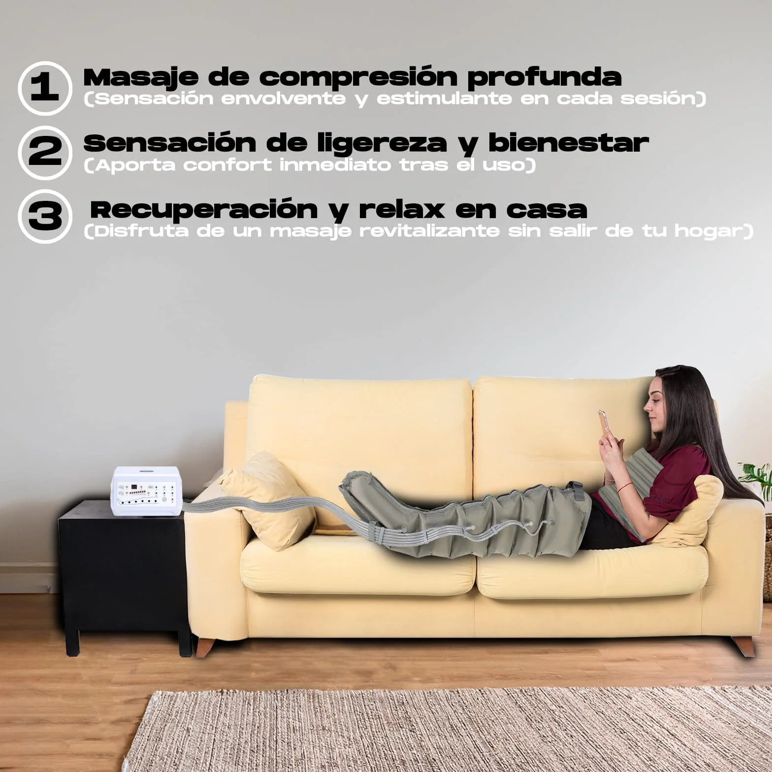 Presoterapia masaje 6 Cámaras - Masajeador Piernas, Brazo y Faja Abdominal, 6 Programas, 8 niveles de Intensidad Ajustable 30-240 mmHg