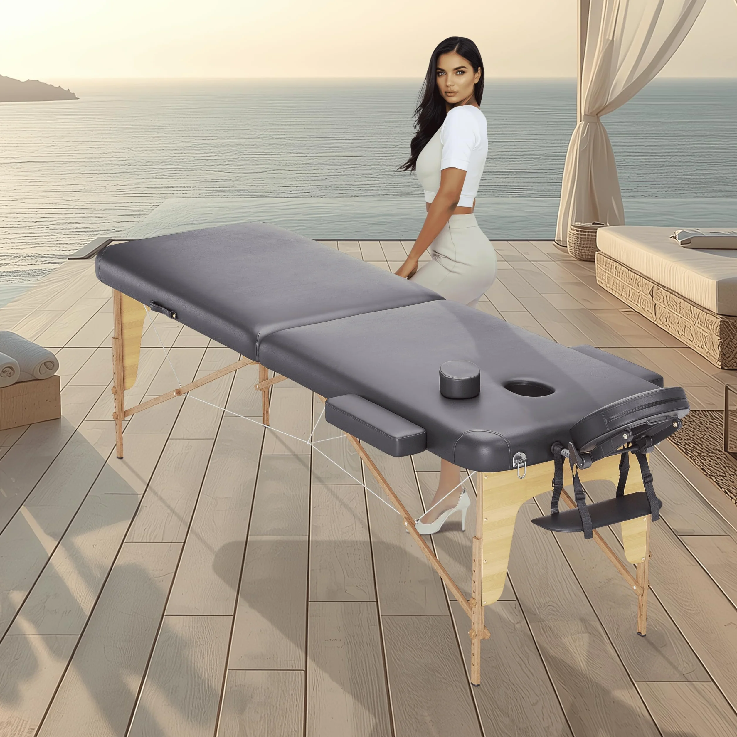 BELTOM Camilla de Masaje 2 Zonas Portátil Mesa Plegable Reiki Fisioterapeuta Negro