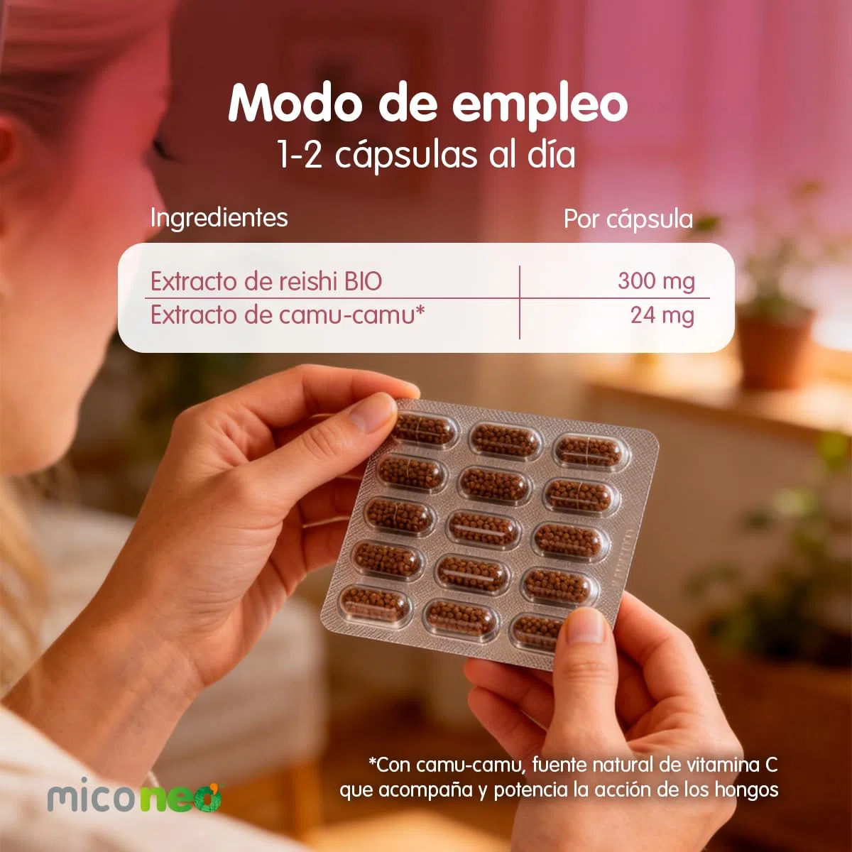 MICO NEO | Complemento Alimenticio 60 Cápsulas | Para Aumentar las Defensas y Proporcionar Energía Diaria | A Base de Reishi Camu-Camu y Vitamina C | Apto para Vegetarianos | Tomar 1 o 2 al día