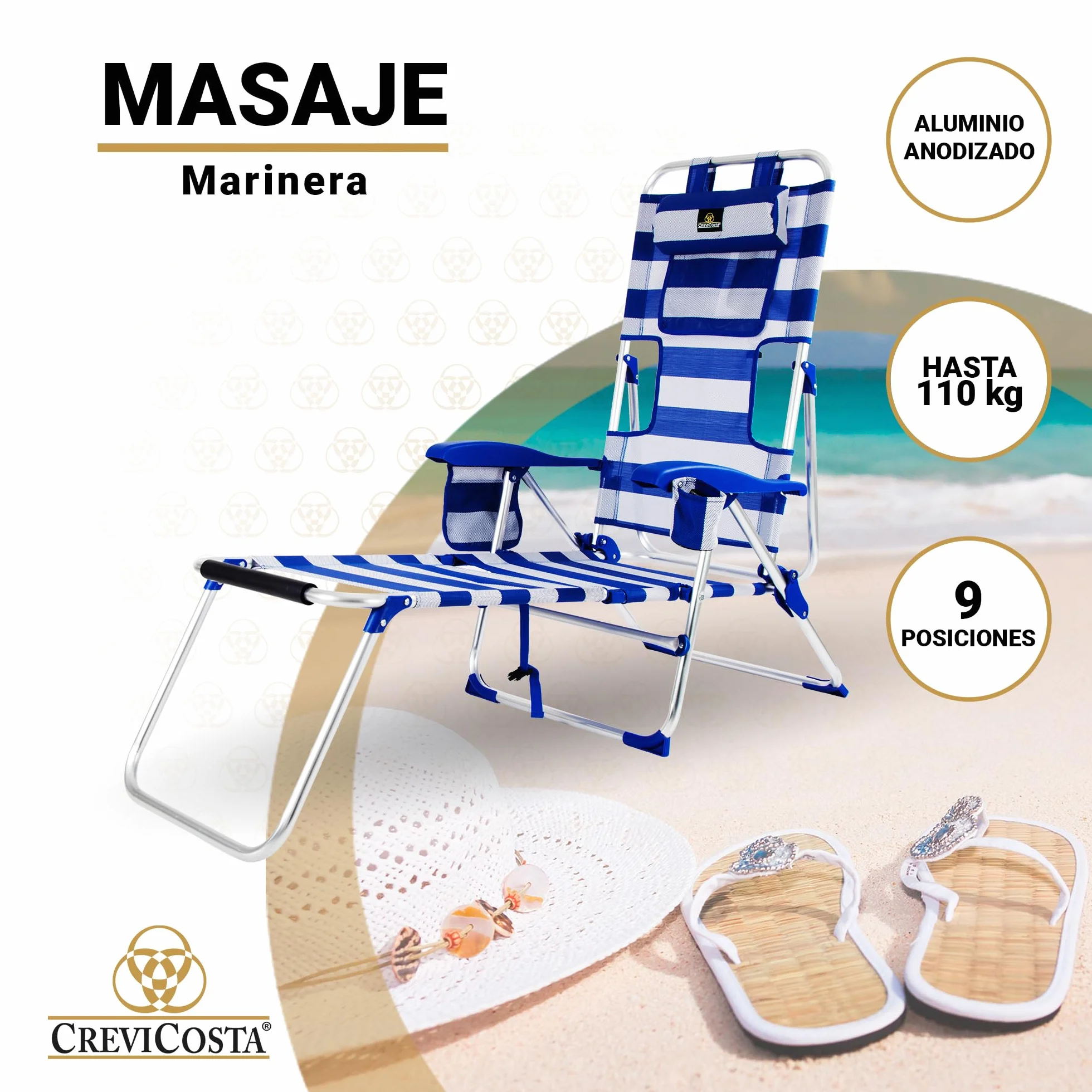 CREVICOSTA Silla de Playa Tipo Masaje 9 Posiciones Plegable Abatible con Reposabrazos