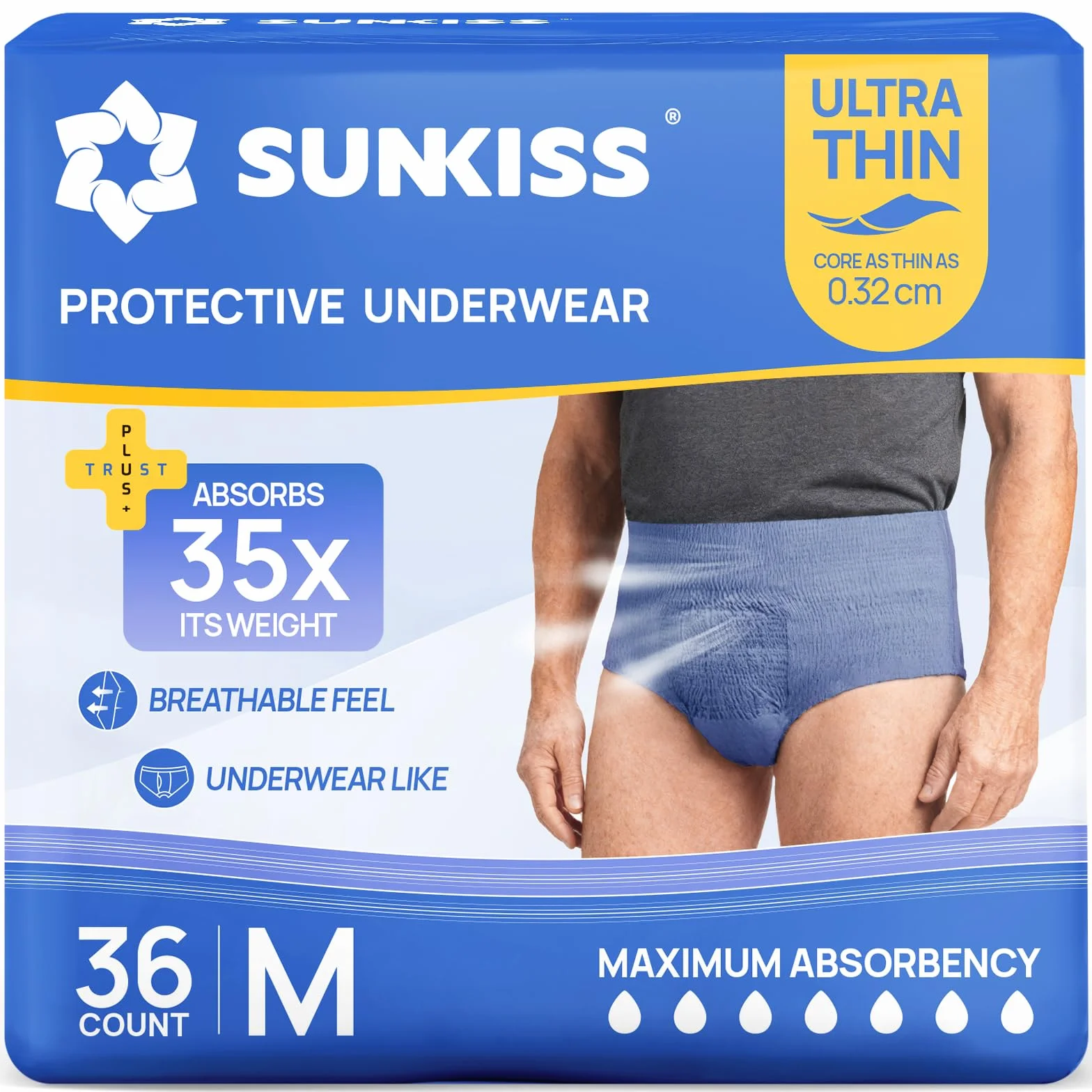 SUNKISS Pañales Adultos Hombre Tipo Pants Ultrafinos, Ropa Interior Desechable Absorbente, Incontinencia Moderada, Absorción Rápida, Azul, Talla M, 36 Unidades