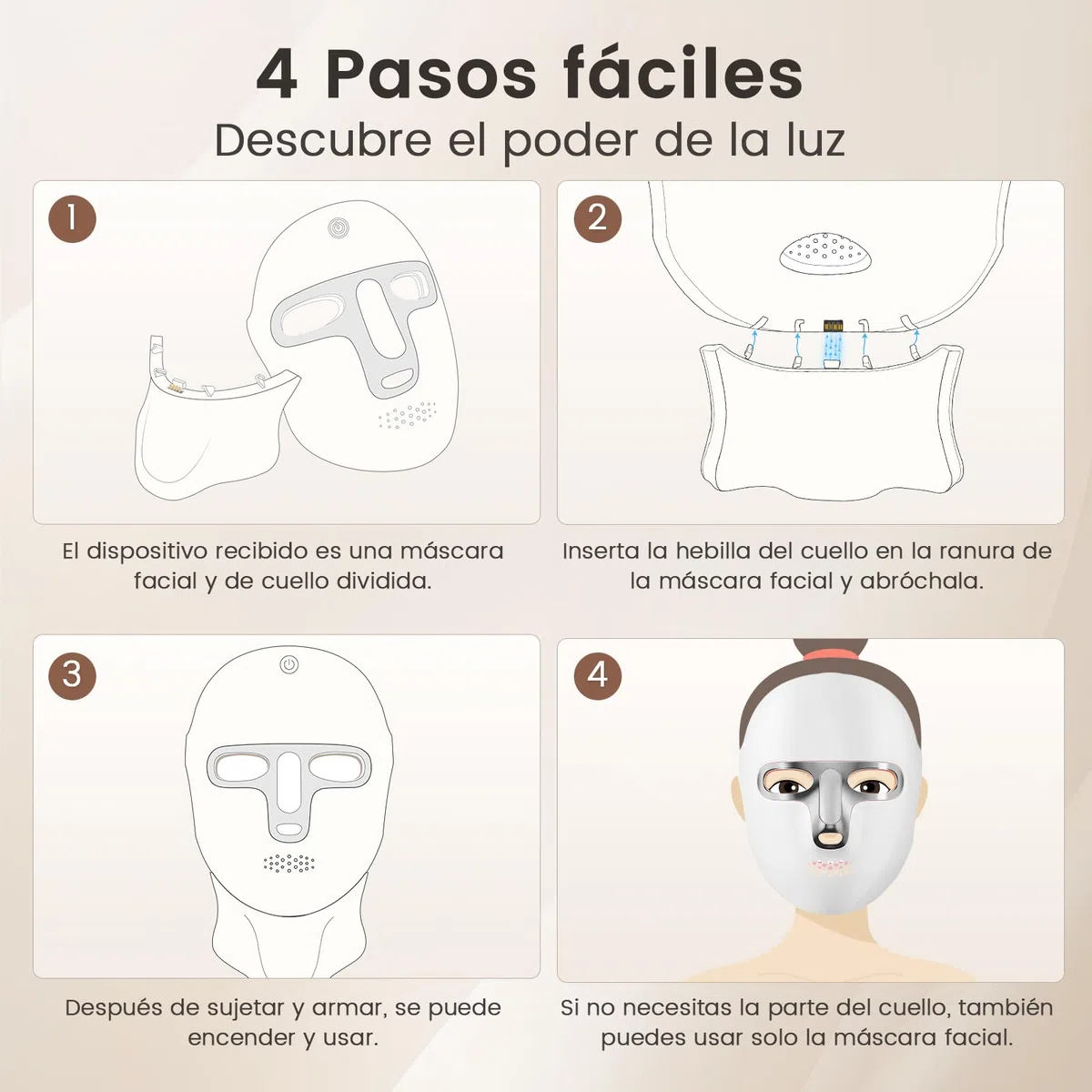 Máscara LED para Cara y Cuello Recargable USB-C con 7 Modos de Luz Diseño Inalámbrico para Uso Diario Hogar Viajes Yoga (Plata)