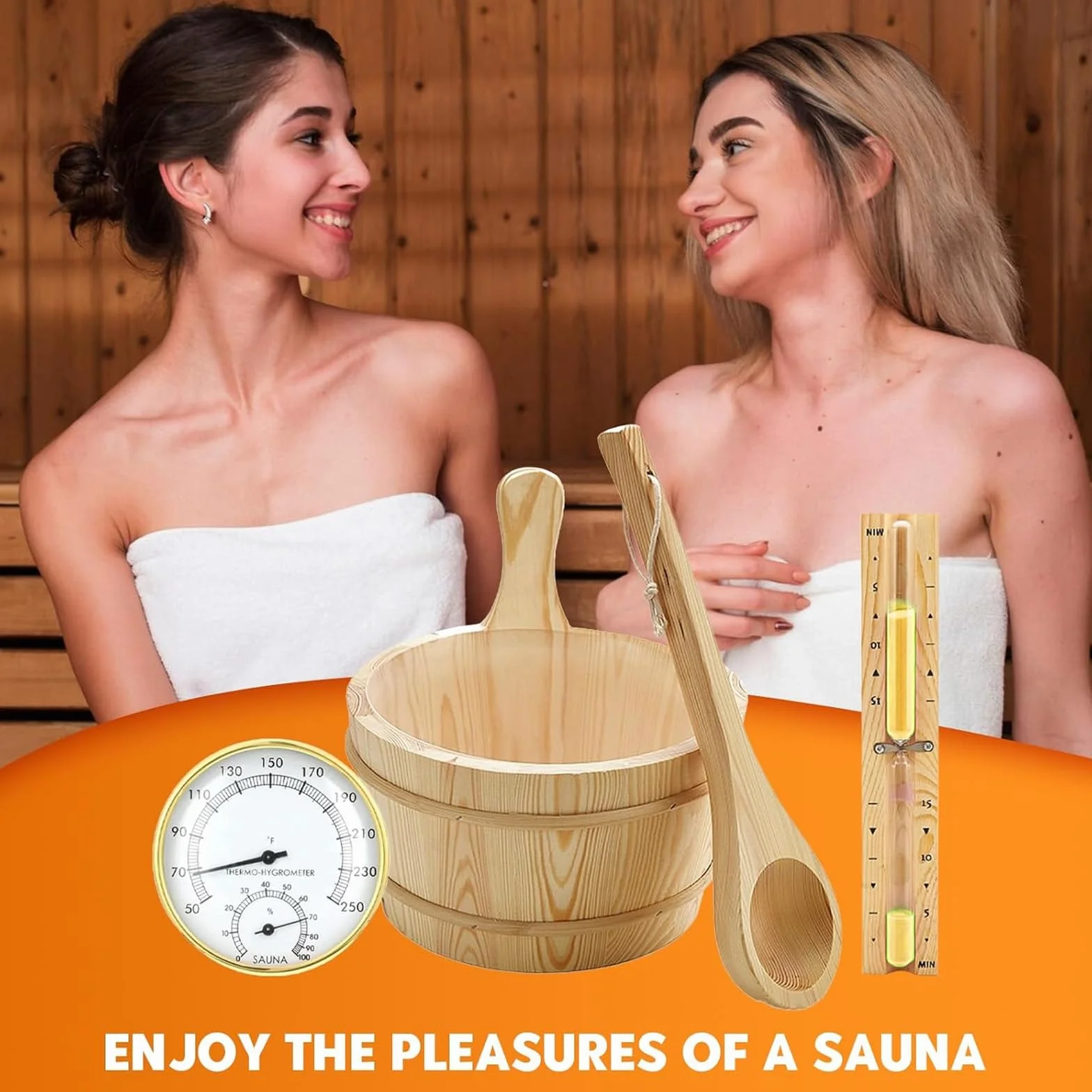 Juego de cubos para sauna (4 litros), cubo de sauna con paleta, cubo de sauna de madera con cucharón, reloj de arena, termo, higrómetro, cubo de sauna resistente al calor, 4 l, incluye inserto