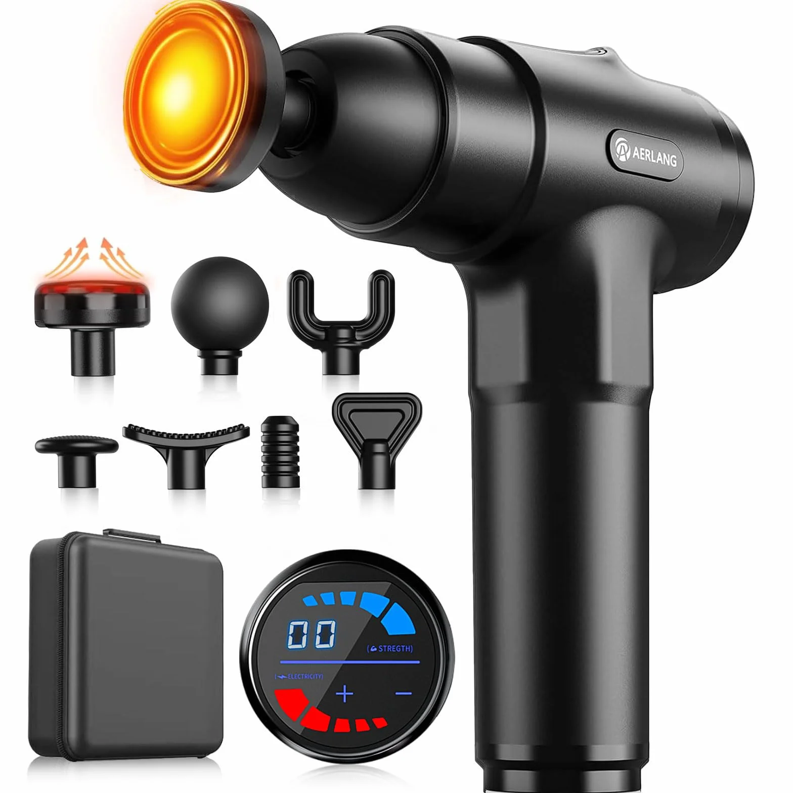 AERLANG Pistola de Masaje Muscular con Calor – Masajeador Muscular Profundo 20 Velocidades 7 Cabezales Pantalla LED